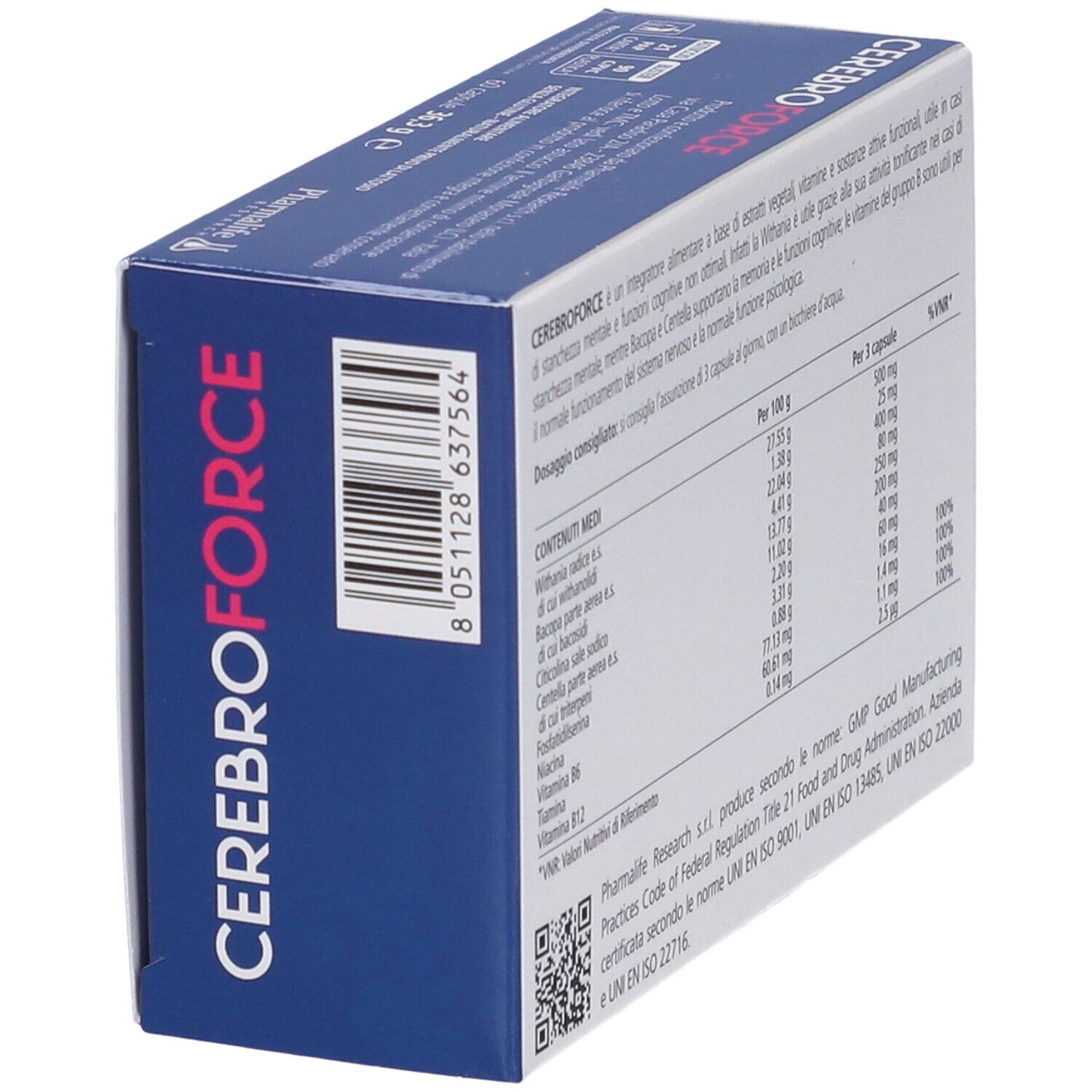 Vista obliqua della confezione di Cerebroforce. Retro con informazioni sugli ingredienti e il produttore. Codice QR e certificazioni.
