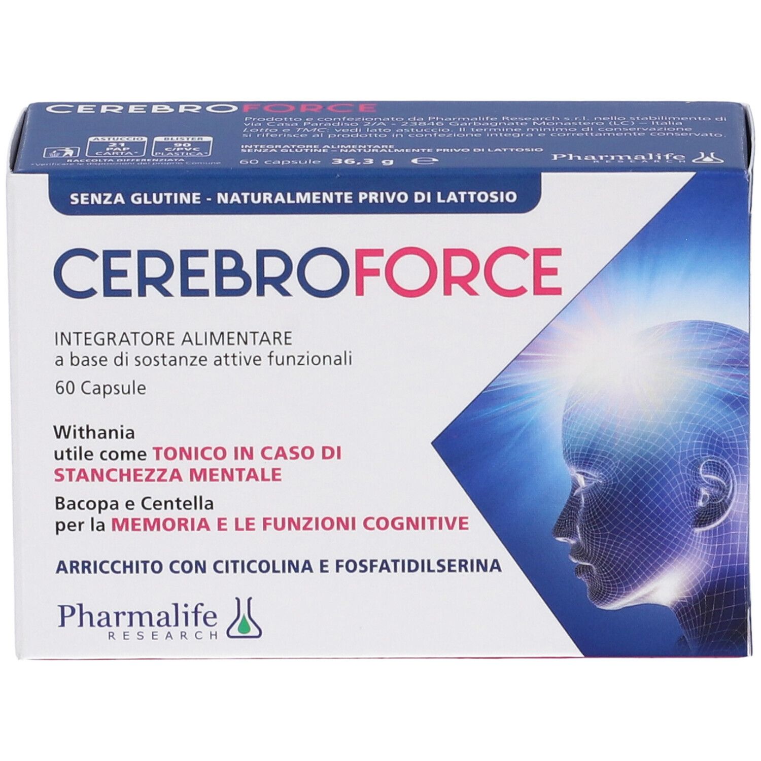 Vista frontale della confezione di Cerebroforce. Scritta: Cerebroforce, 60 capsule. Contiene informazioni sugli ingredienti e il produttore.