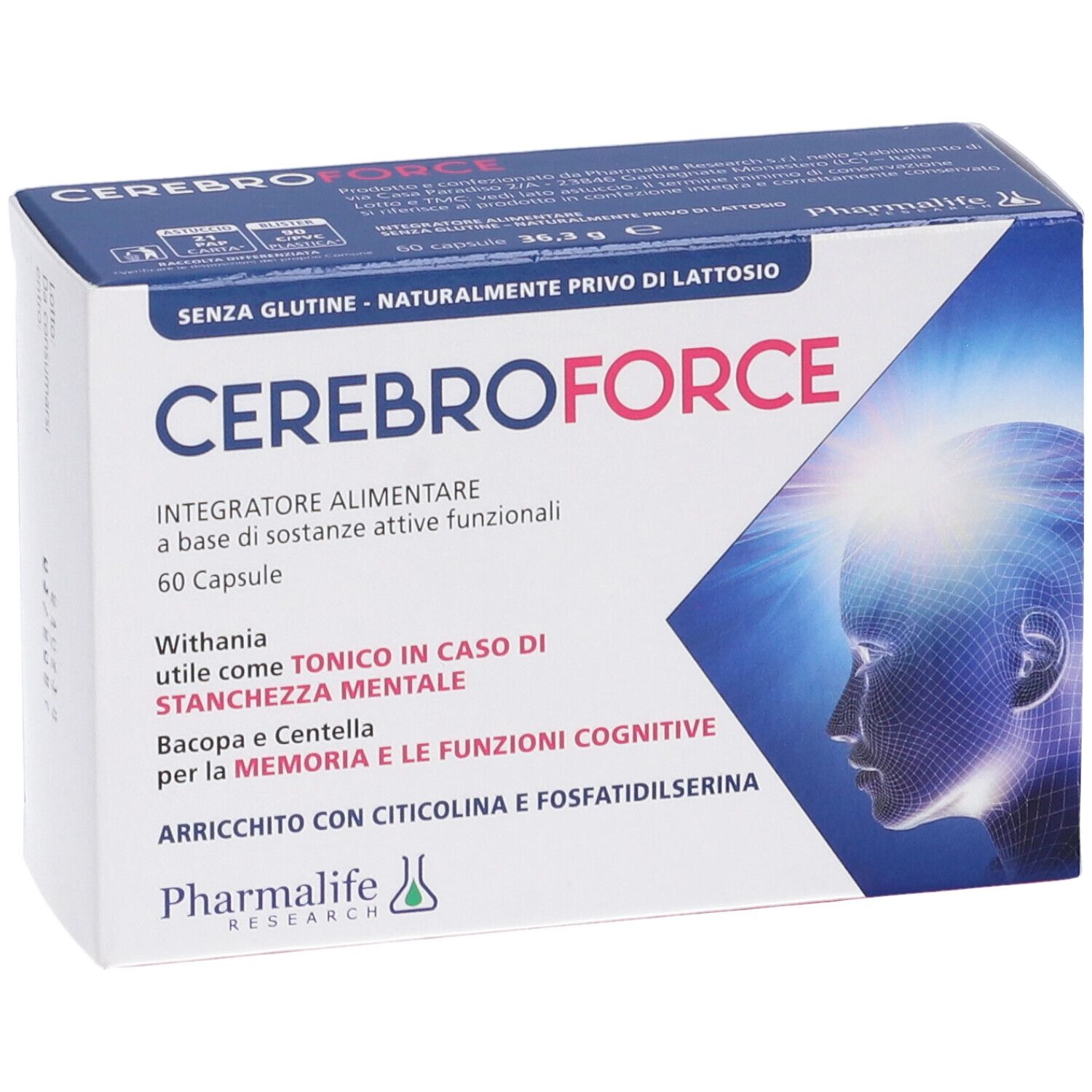 Vista frontale della confezione di Cerebroforce. Scritta: Cerebroforce, 60 capsule. Contiene informazioni sugli ingredienti e il produttore.