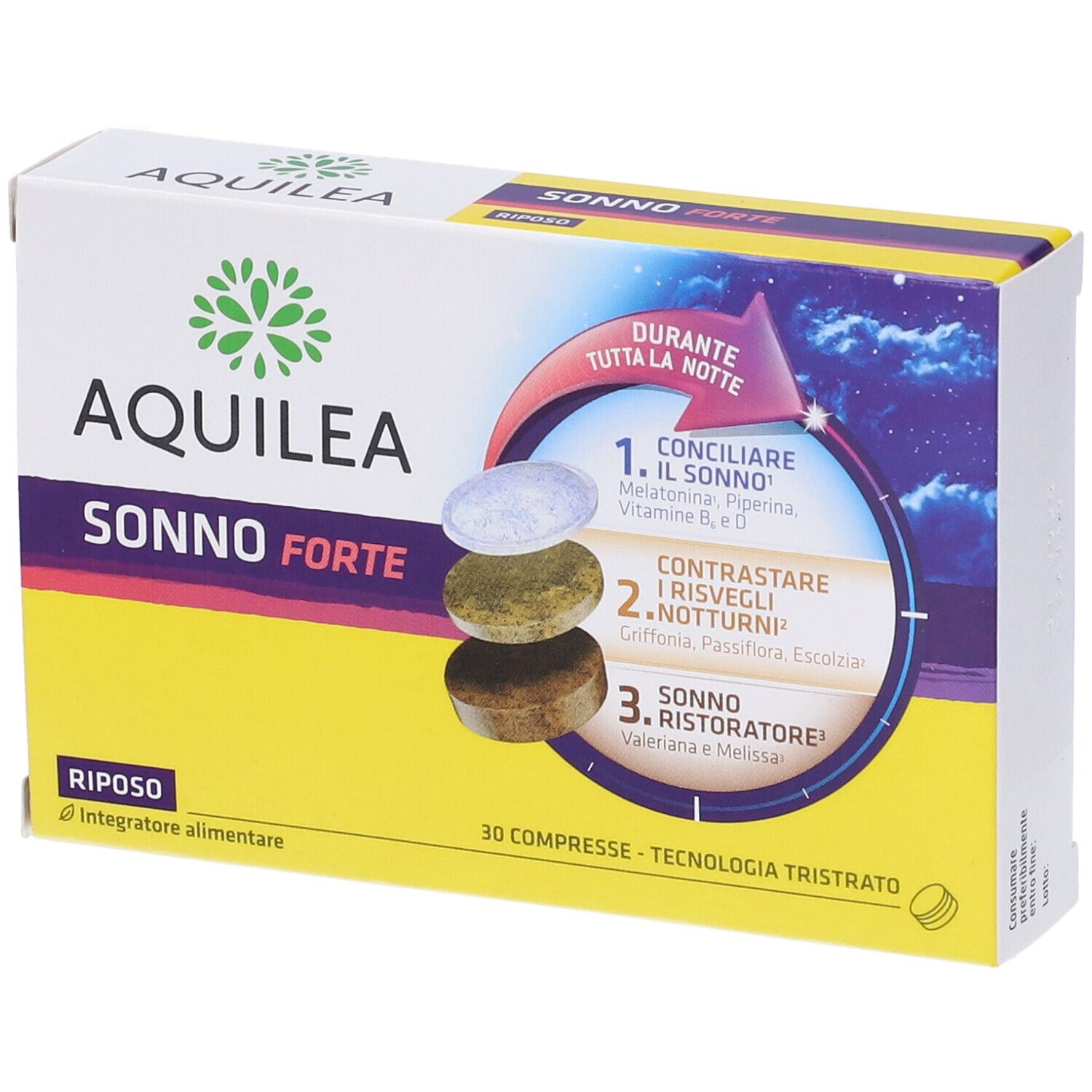 Scatola con nome del prodotto e illustrazione di compresse. Testo: Aquilea Sonno Forte, 30 compresse, tecnologia Tristrato.