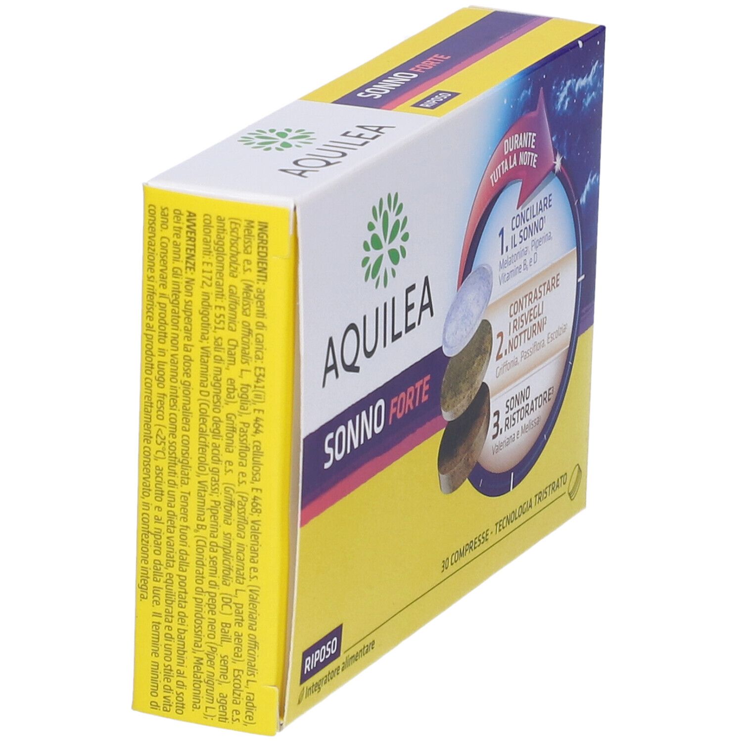 Scatola con nome del prodotto e testo. Testo: Aquilea Sonno Forte, ingredienti, 30 compresse, integratore alimentare.