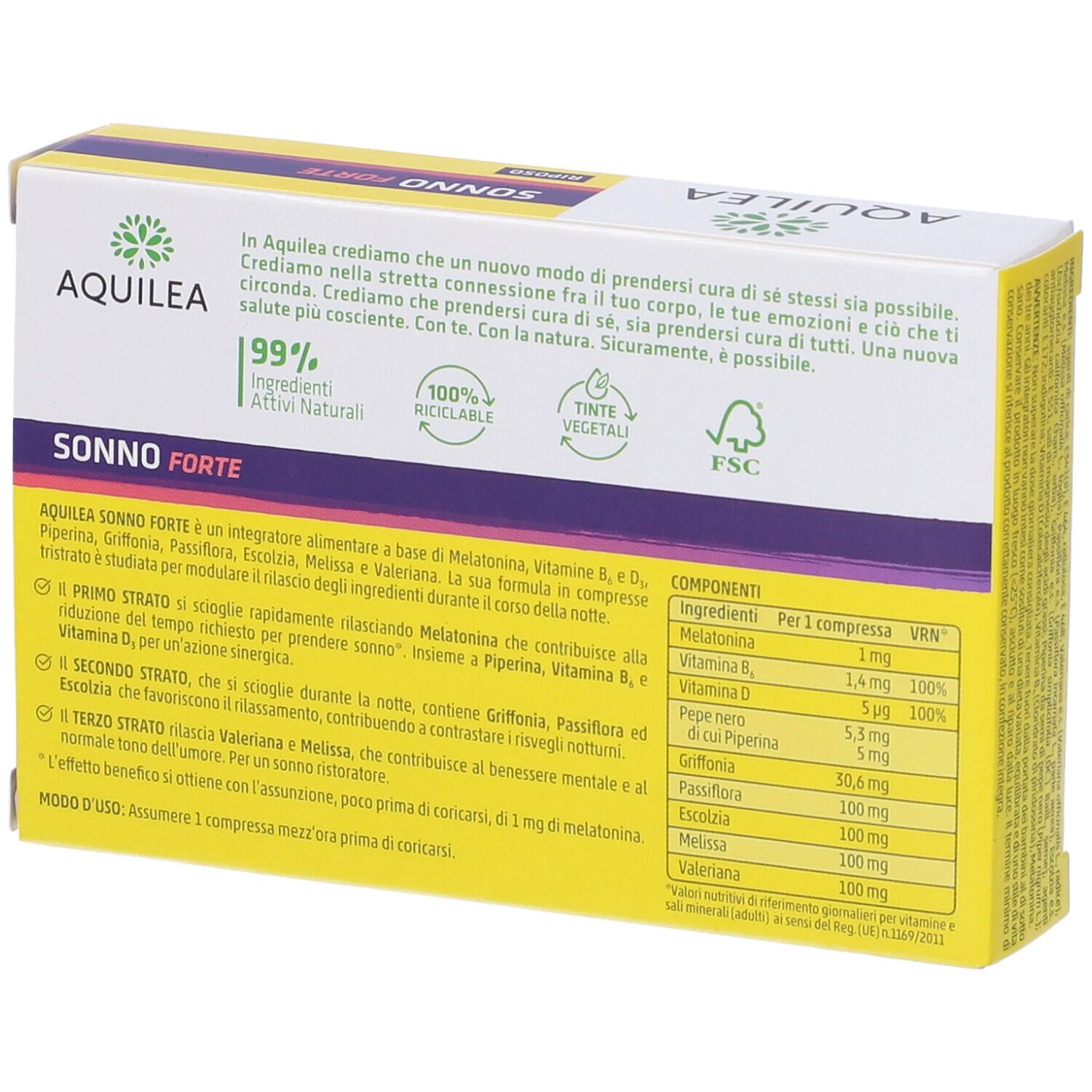 Retro della scatola con informazioni sul prodotto. Testo: Aquilea Sonno Forte, ingredienti, 99% ingredienti naturali, 100% riciclabile.