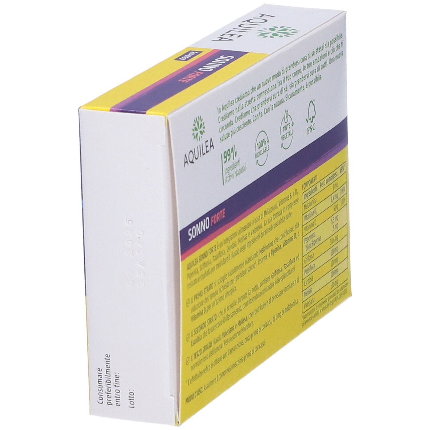 Scatola con nome del prodotto e testo. Testo: Aquilea Sonno Forte, 30 compresse, Da consumarsi preferibilmente entro fine.