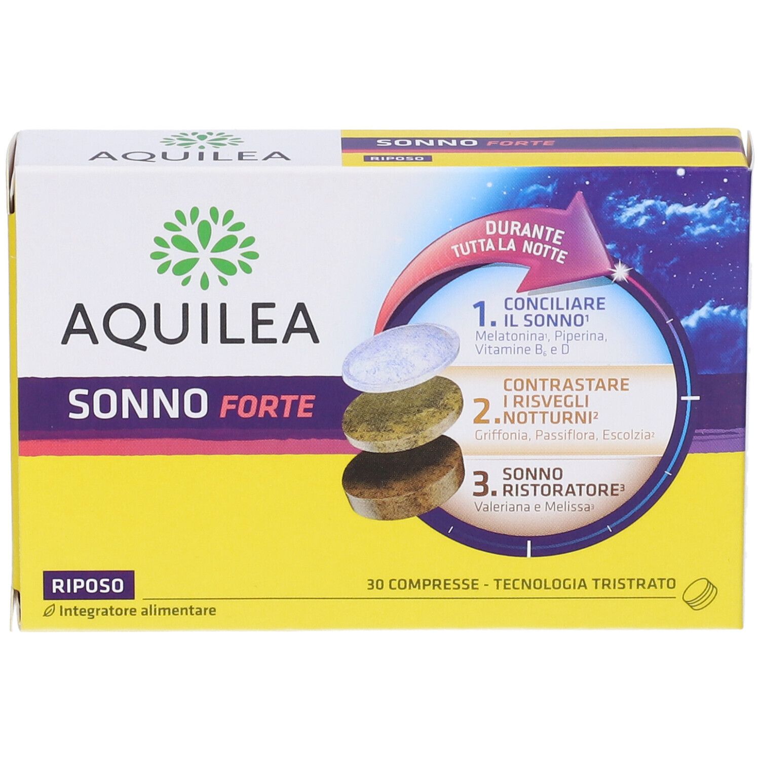 Scatola con nome del prodotto e illustrazione di compresse. Testo: Aquilea Sonno Forte, 30 compresse, tecnologia Tristrato.
