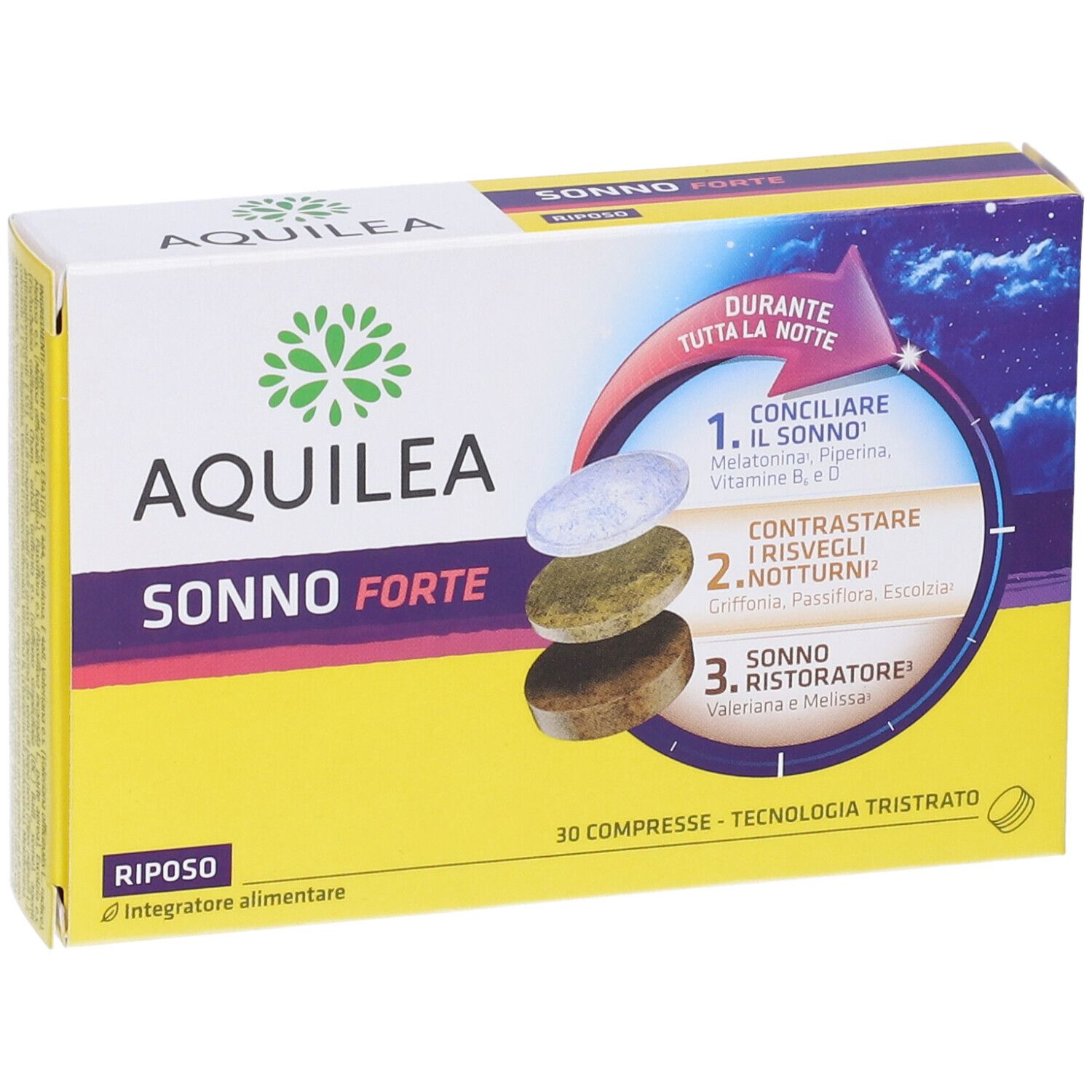 Scatola con nome del prodotto e illustrazione di compresse. Testo: Aquilea Sonno Forte, 30 compresse, tecnologia Tristrato.