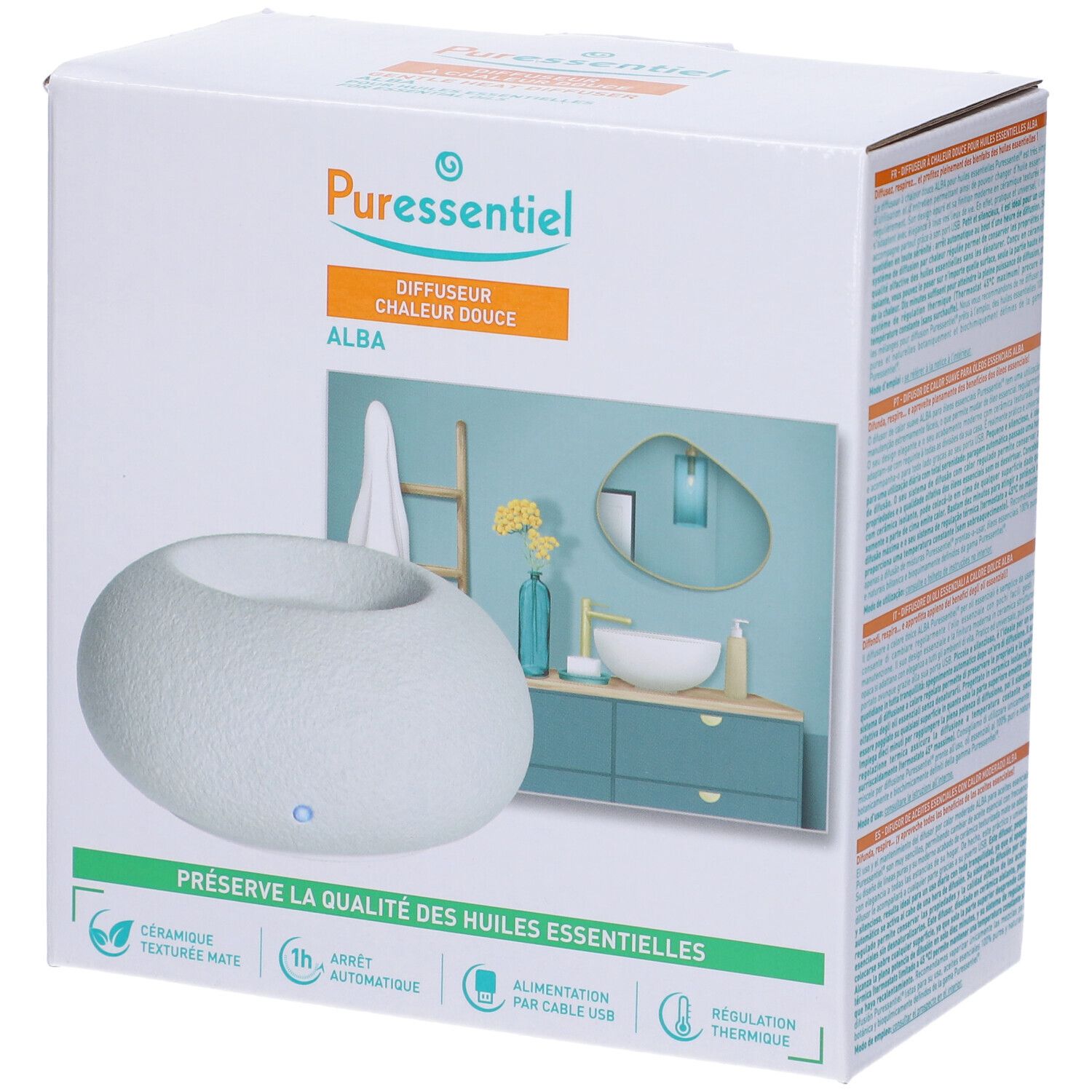 Confezione con diffusore ovale bianco. Logo e nome del prodotto sulla confezione. Sfondo: bagno.