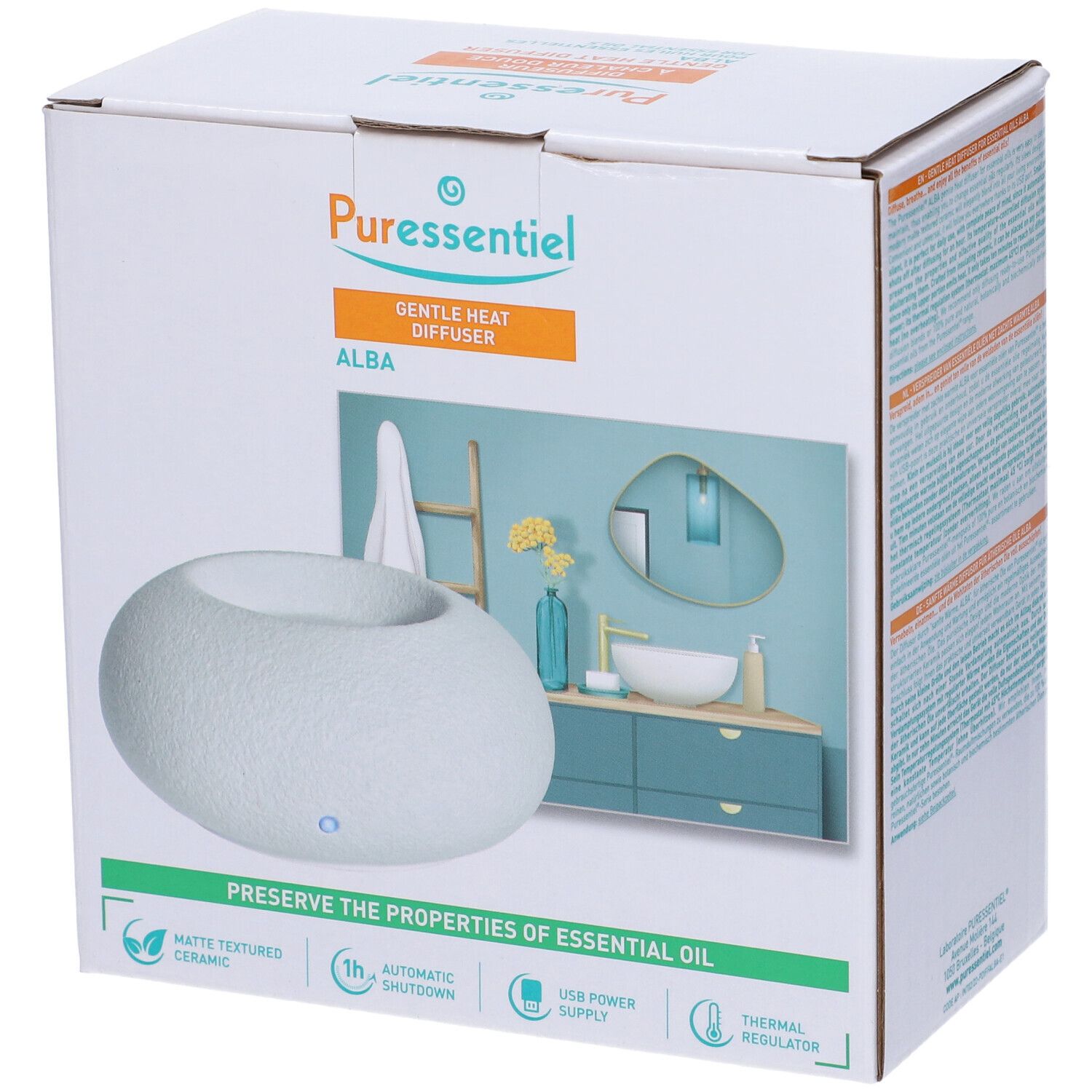 Confezione con diffusore ovale bianco. Logo e nome del prodotto sulla confezione. Sfondo: bagno.