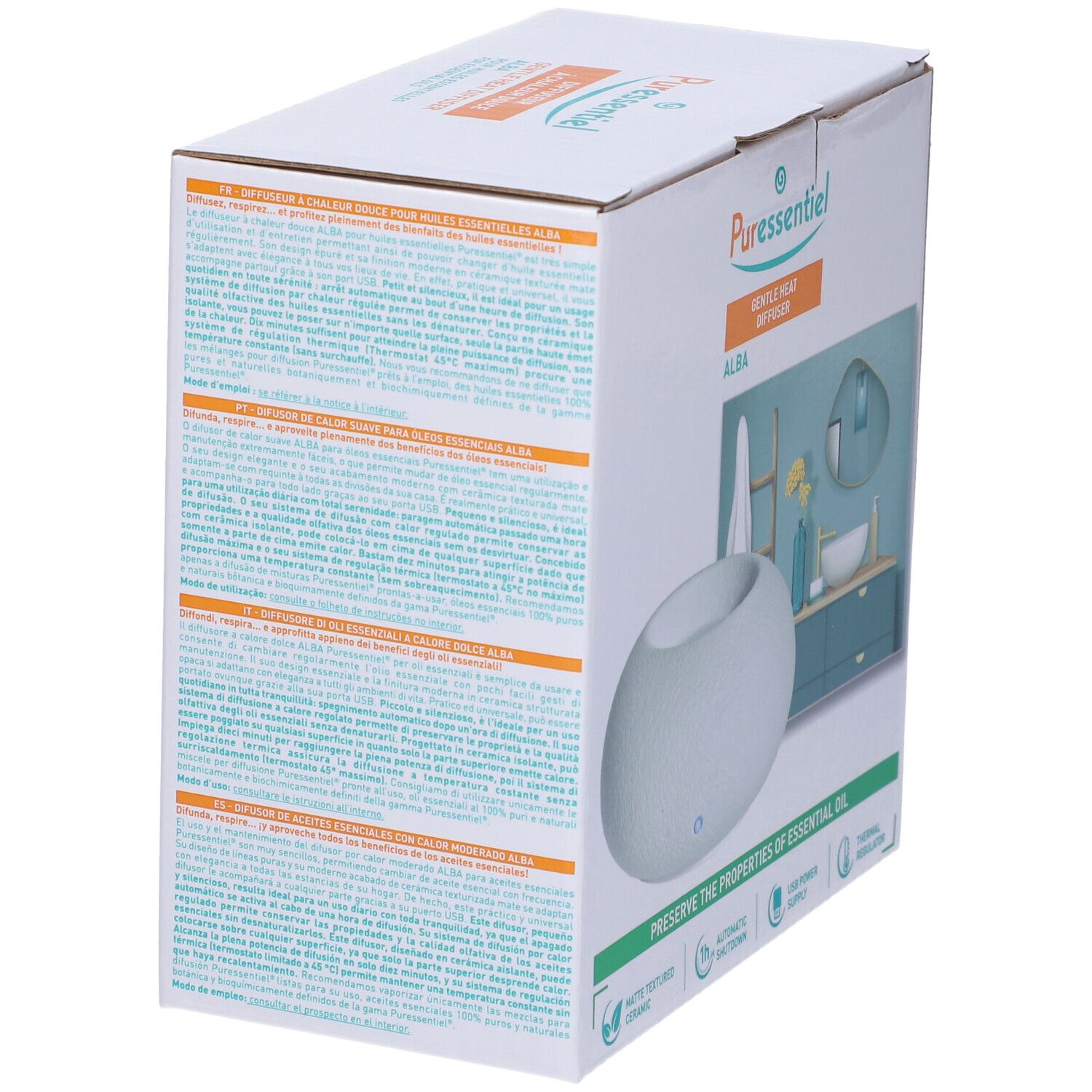 Confezione con diffusore ovale bianco. Testo e loghi sulla confezione. Sfondo: bagno.