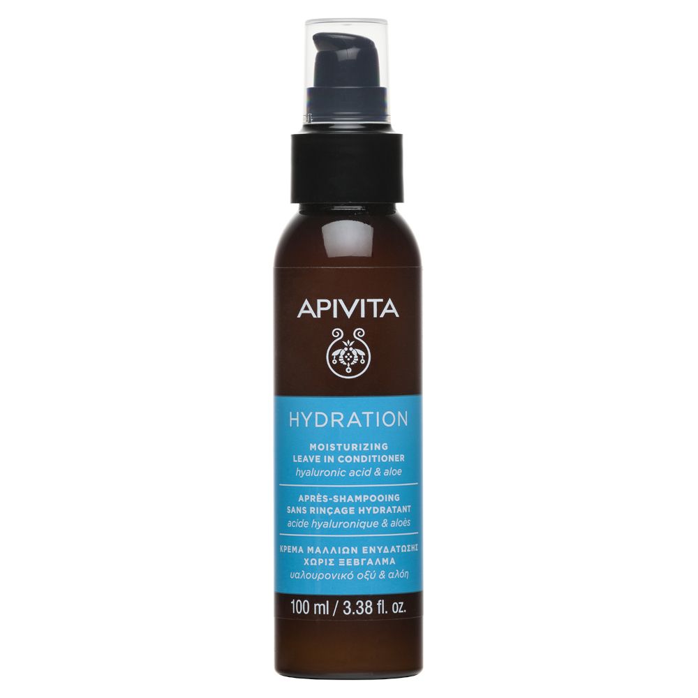 Flacone marrone con dosatore. Scritte: APIVITA, HYDRATION, Leave in Conditioner. 100 ml.