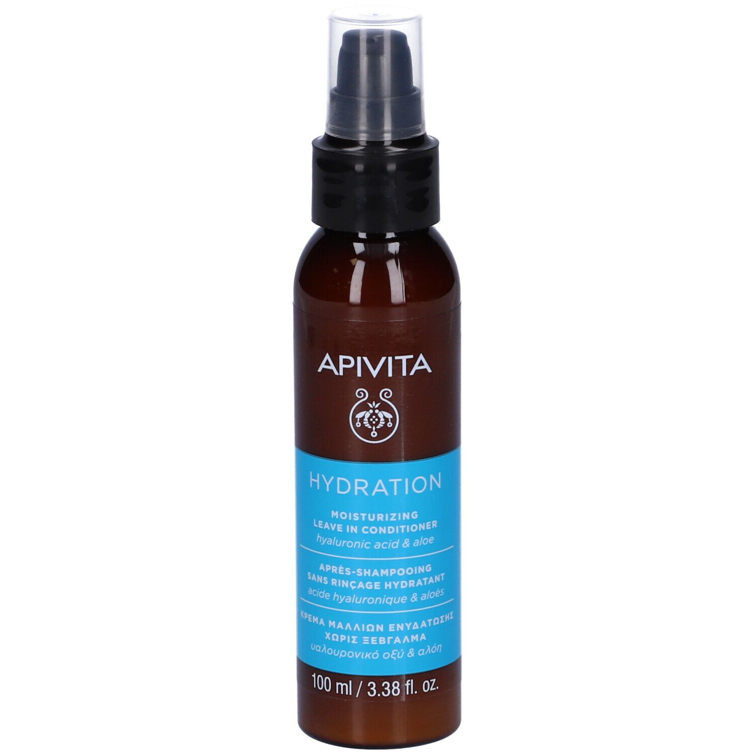 Flacone marrone con dosatore. Scritte: APIVITA, HYDRATION, Leave in Conditioner. 100 ml.