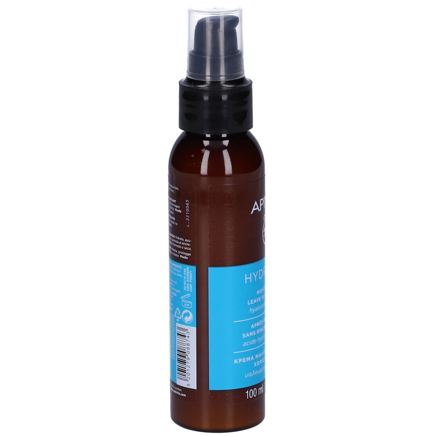 Flacone marrone con dosatore. Scritte: APIVITA, HYDRATION, Leave in Conditioner. 100 ml.