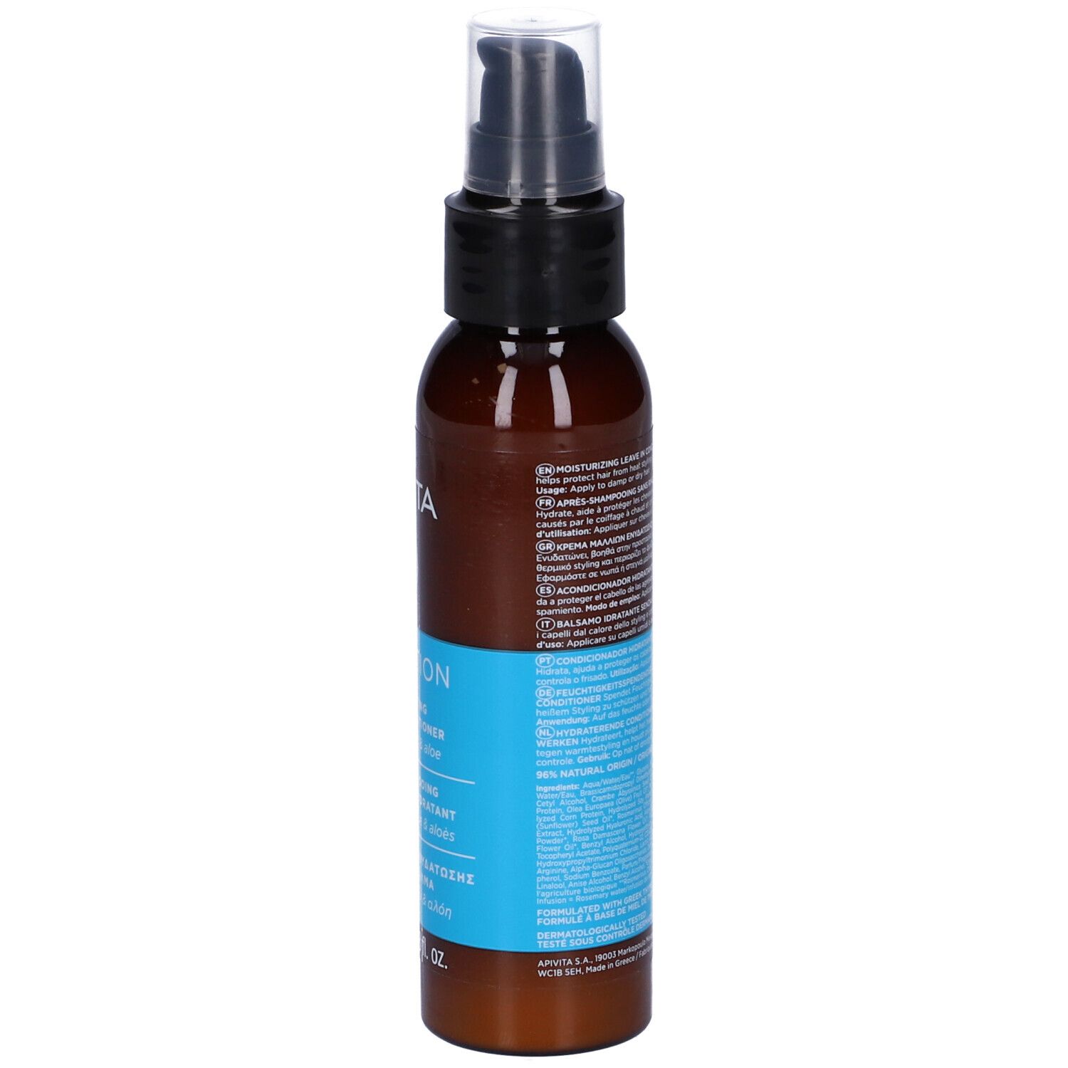 Flacone marrone con dosatore. Scritte: APIVITA, HYDRATION, Leave in Conditioner. 100 ml.