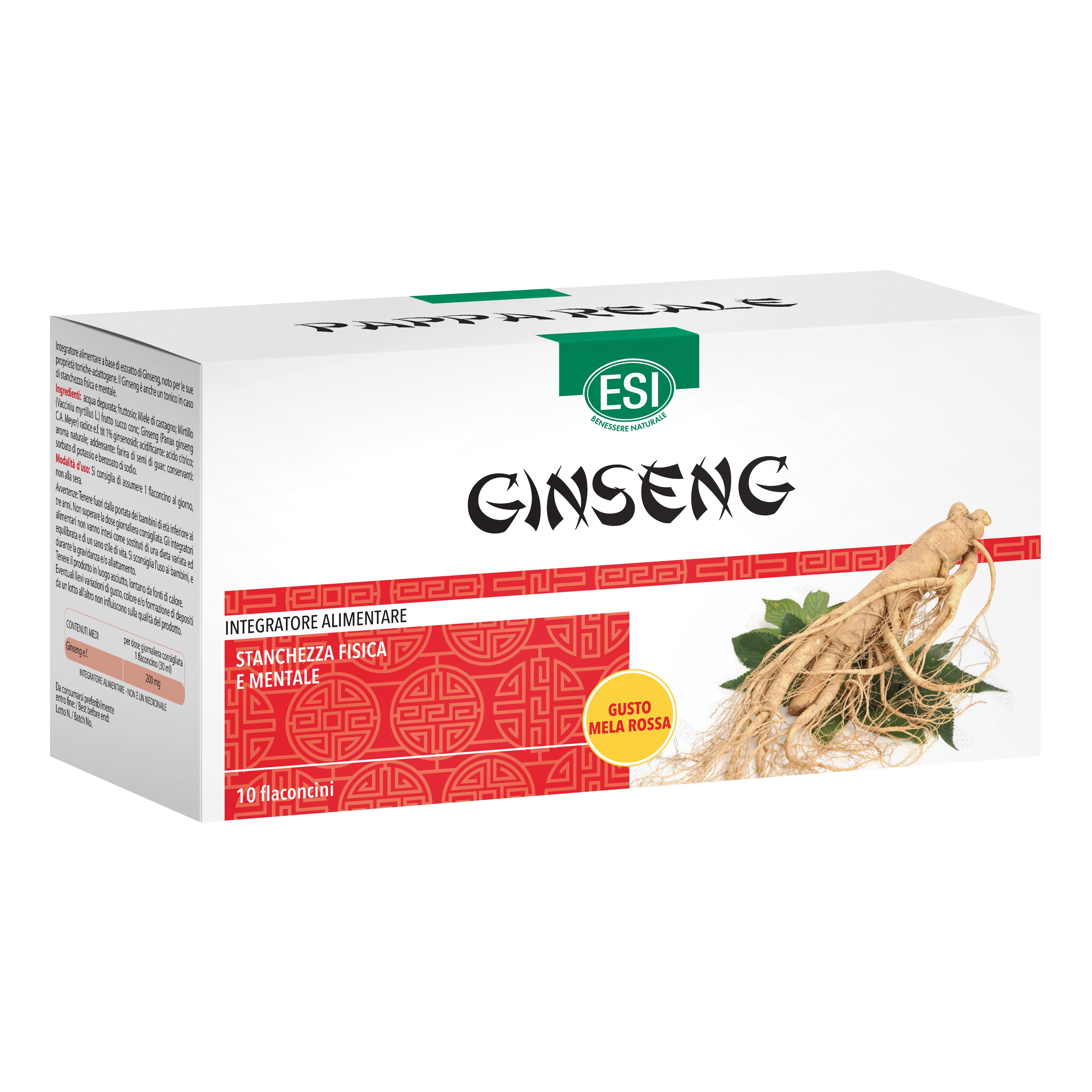 Scatola bianca con logo e immagine di Ginseng. Stampa rossa con testo. 10 flaconcini.