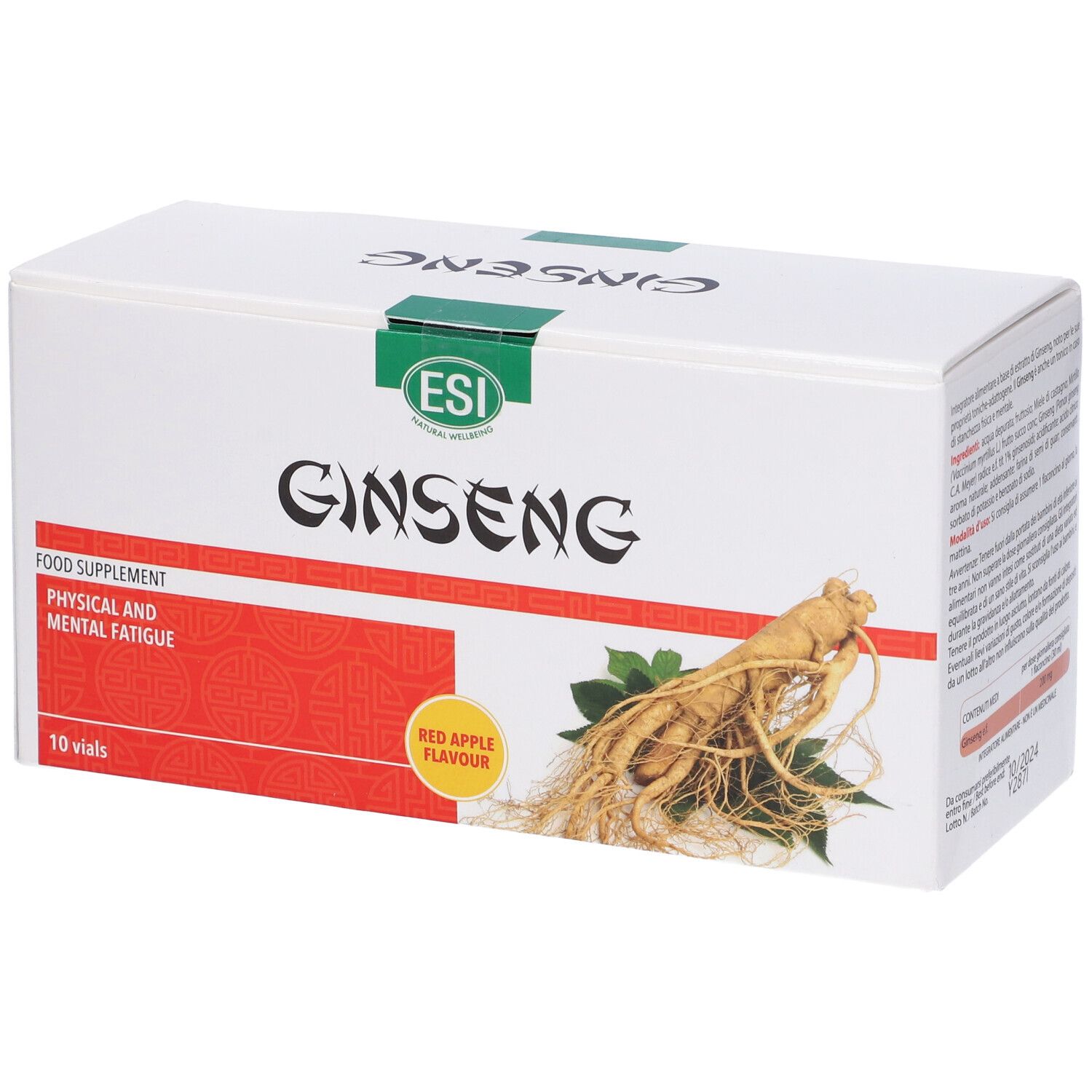 Scatola bianca con logo e immagine di Ginseng. Stampa rossa con testo. 10 flaconcini.