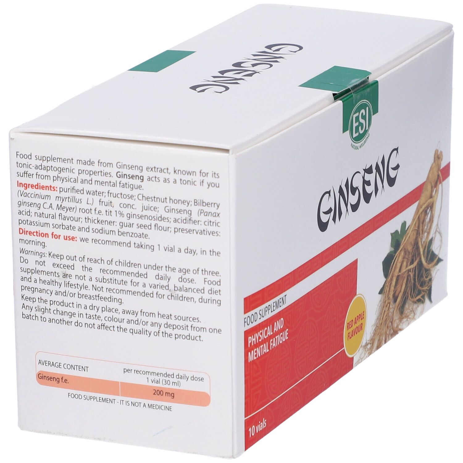 Scatola bianca con logo e immagine di Ginseng. Stampa rossa con testo. 10 flaconcini.