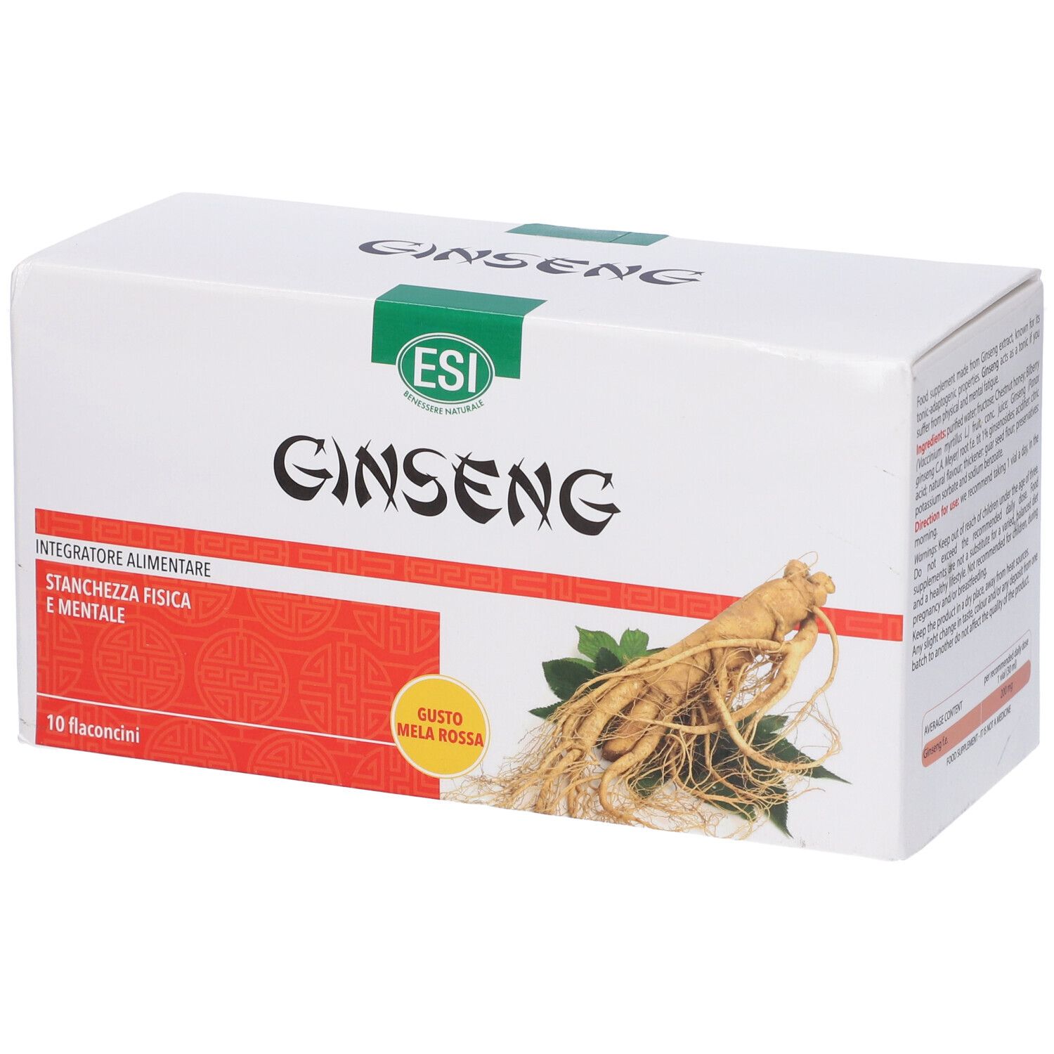 Scatola bianca con logo e immagine di Ginseng. Stampa rossa con testo. 10 flaconcini.
