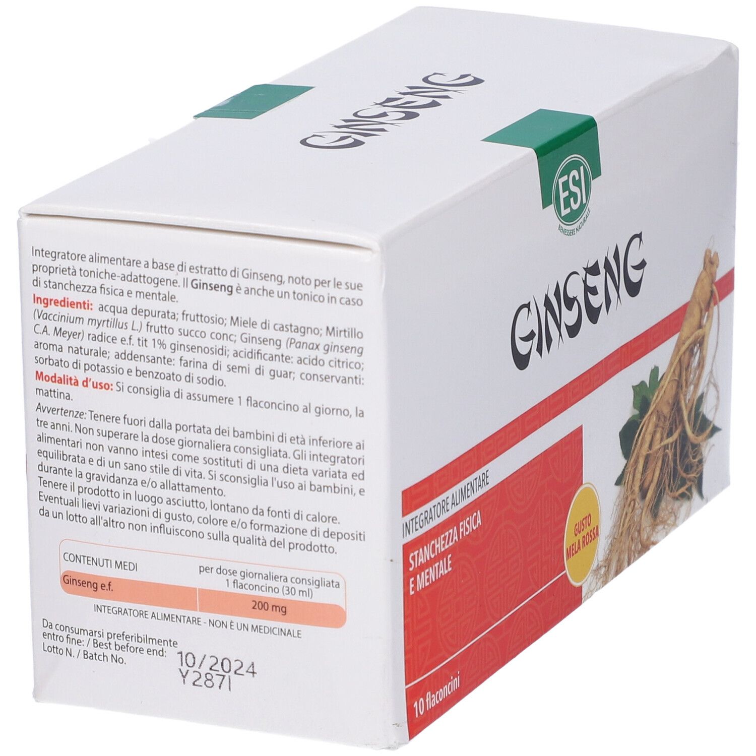 Scatola bianca con logo e immagine di Ginseng. Stampa rossa con testo. 10 flaconcini.