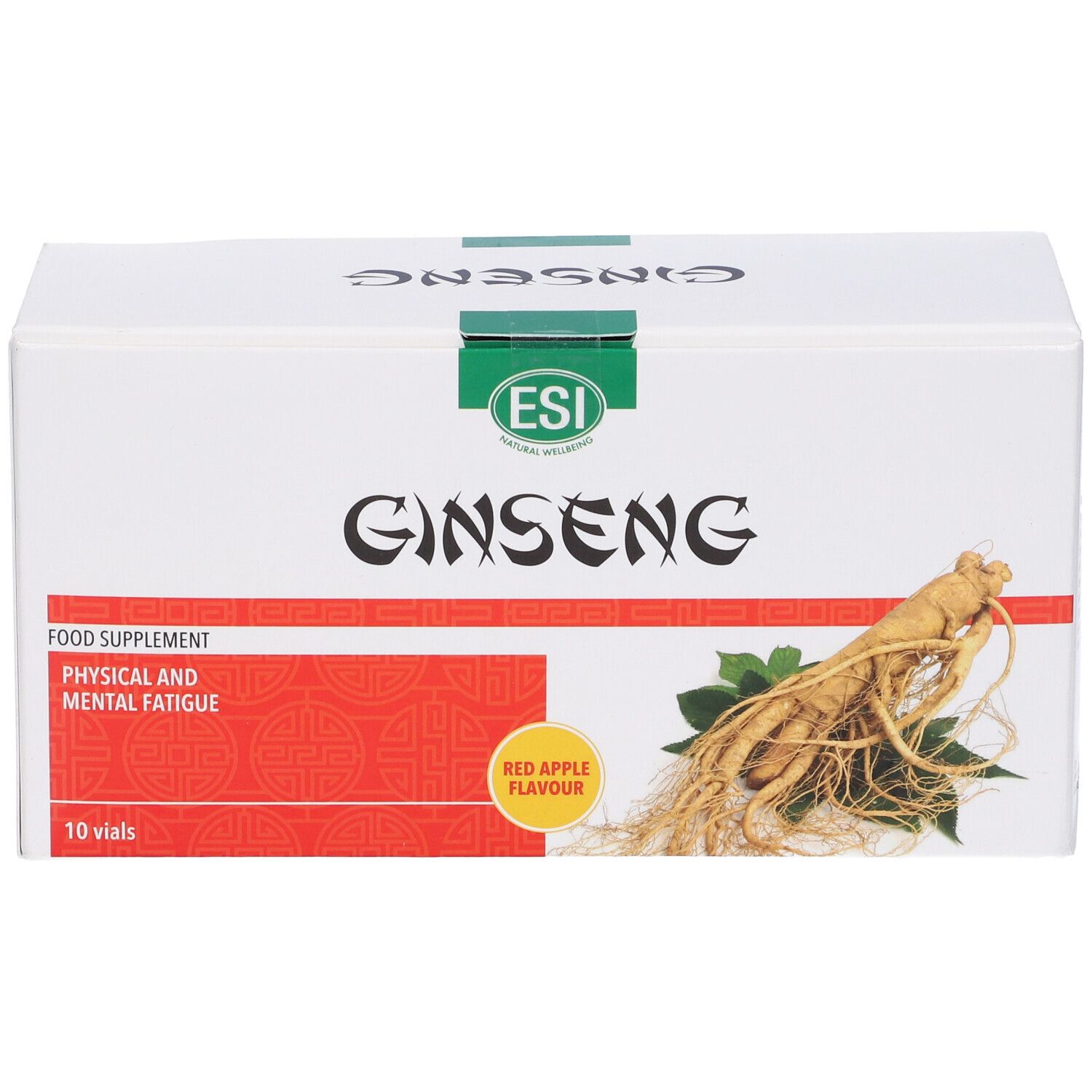 Scatola bianca con logo e immagine di Ginseng. Stampa rossa con testo. 10 flaconcini.