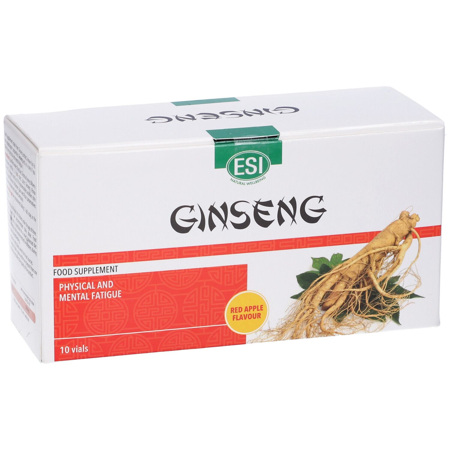 Scatola bianca con logo e immagine di Ginseng. Stampa rossa con testo. 10 flaconcini.