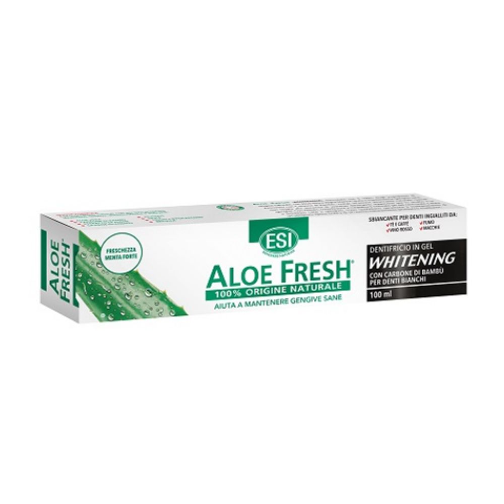 Zahncreme-Verpackung mit ESI Aloe Fresh, Text und Aloe-Vera-Blatt. Enthält 100 ml. Aufhellung und Minze.