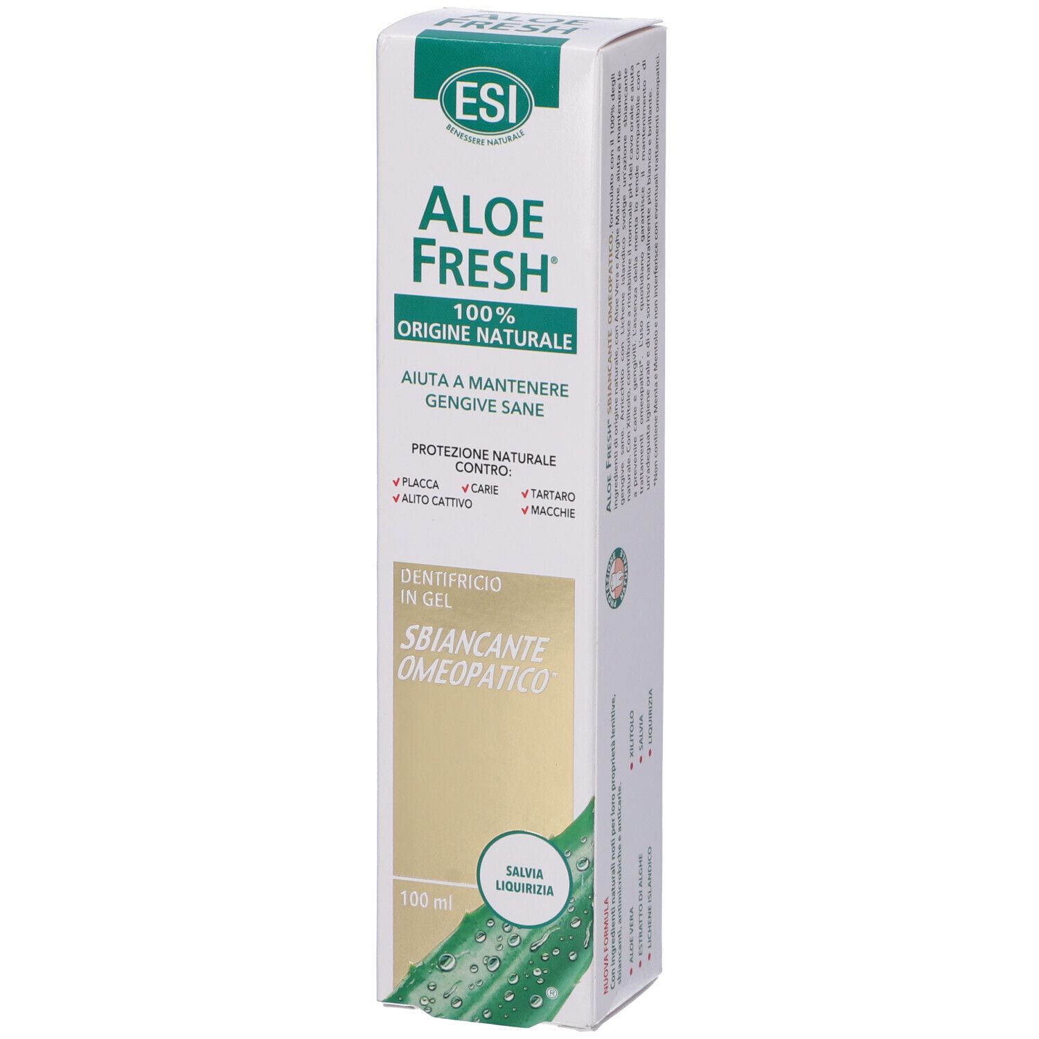 Verpackung für ESI Aloe Fresh Zahnpasta in Gel, 100 ml, mit Aloe Vera und Süßholzaroma.