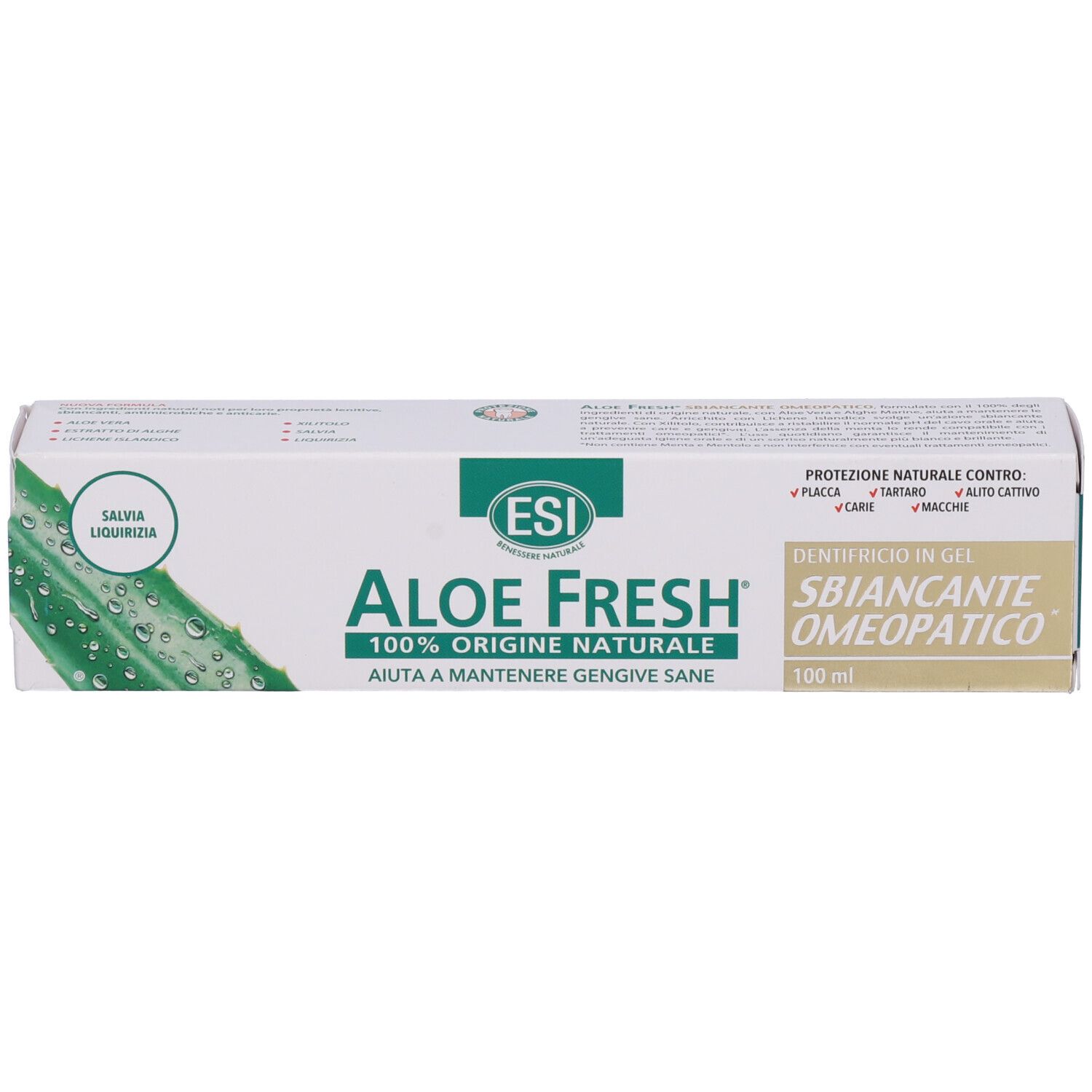 ESI Aloe Fresh Zahnpasta, 100 ml, weißer Karton mit Aloe Vera Motiv.