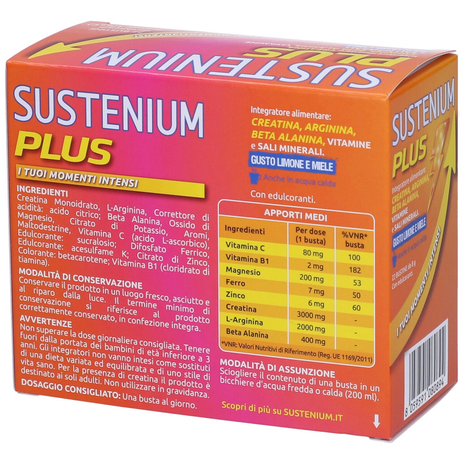 Retro della confezione SUSTENIUM PLUS. Contiene ingredienti, informazioni nutrizionali e istruzioni per l'uso.