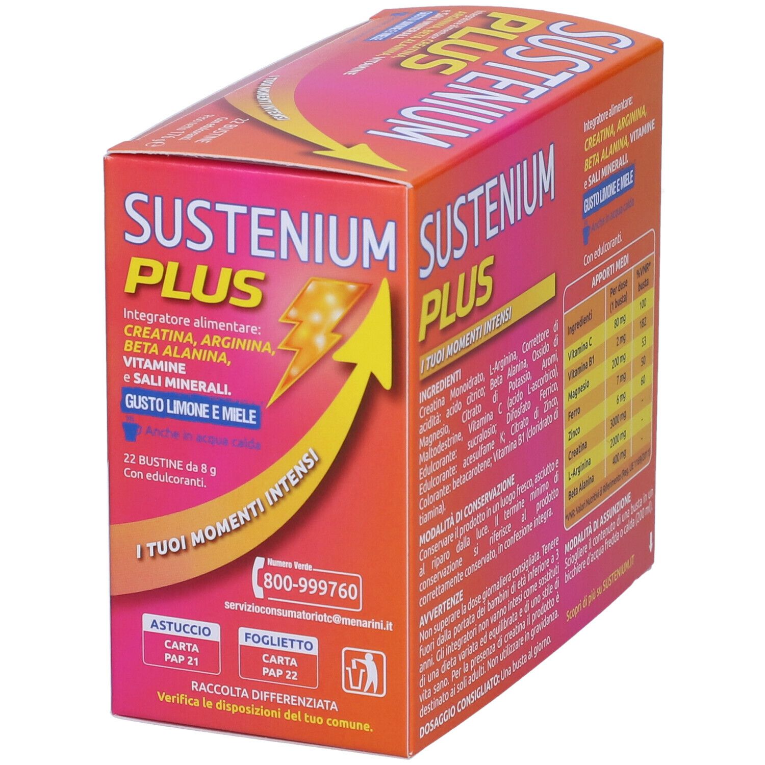 Retro della confezione SUSTENIUM PLUS. Contiene ingredienti, informazioni nutrizionali e istruzioni per l'uso.