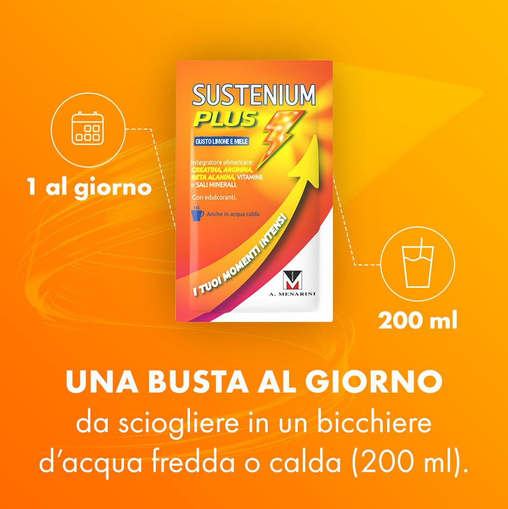 Bustina SUSTENIUM PLUS. Da sciogliere in 200 ml di acqua fredda o calda. Contiene creatina, arginina, beta alanina, vitamine e minerali.