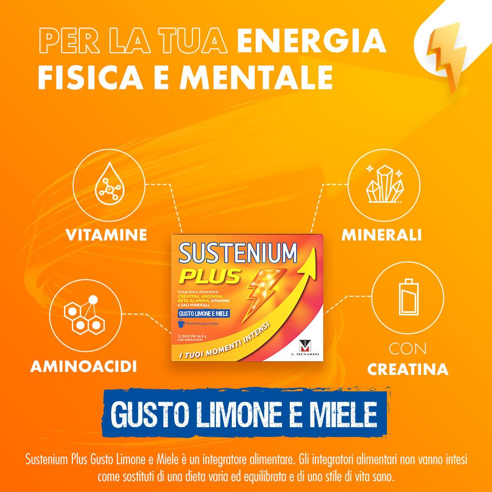 Prodotto SUSTENIUM PLUS. Contiene vitamine, minerali, aminoacidi e creatina. Gusto limone e miele.
