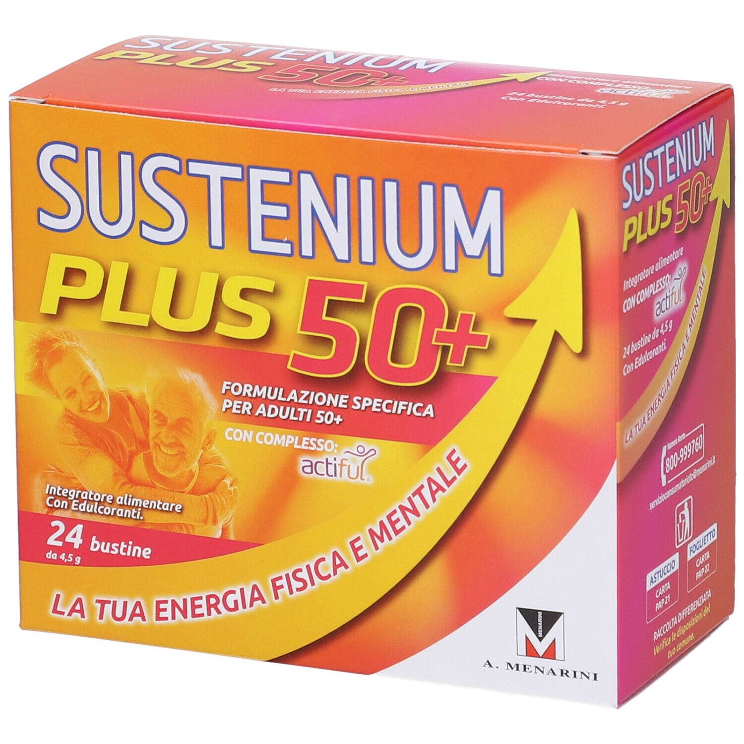 Boîte de Sustenium Plus 50+. 24 sachets. Inscription : Formule pour adultes 50+.
