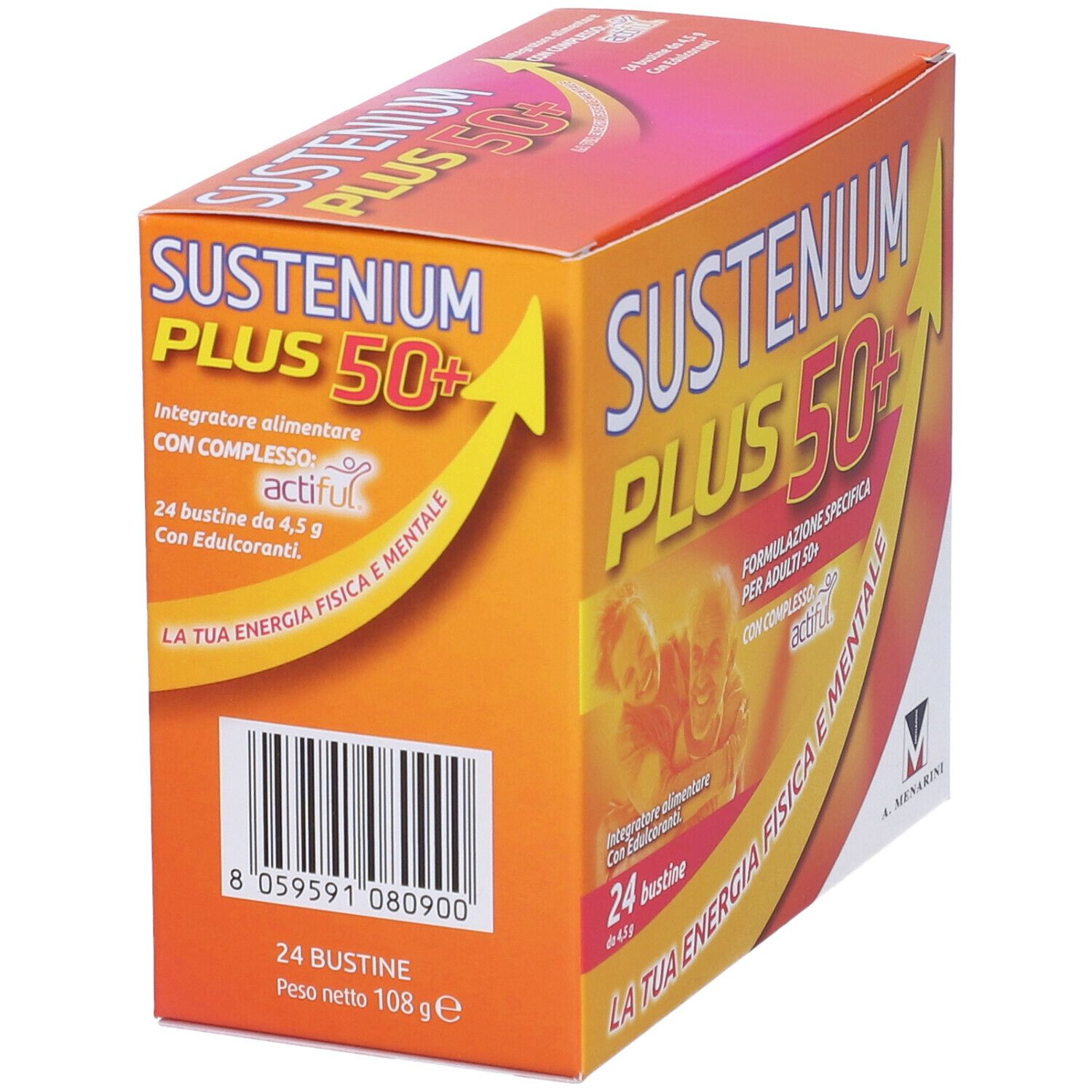 Boîte de Sustenium Plus 50+. 24 sachets. Vue latérale avec informations produit.