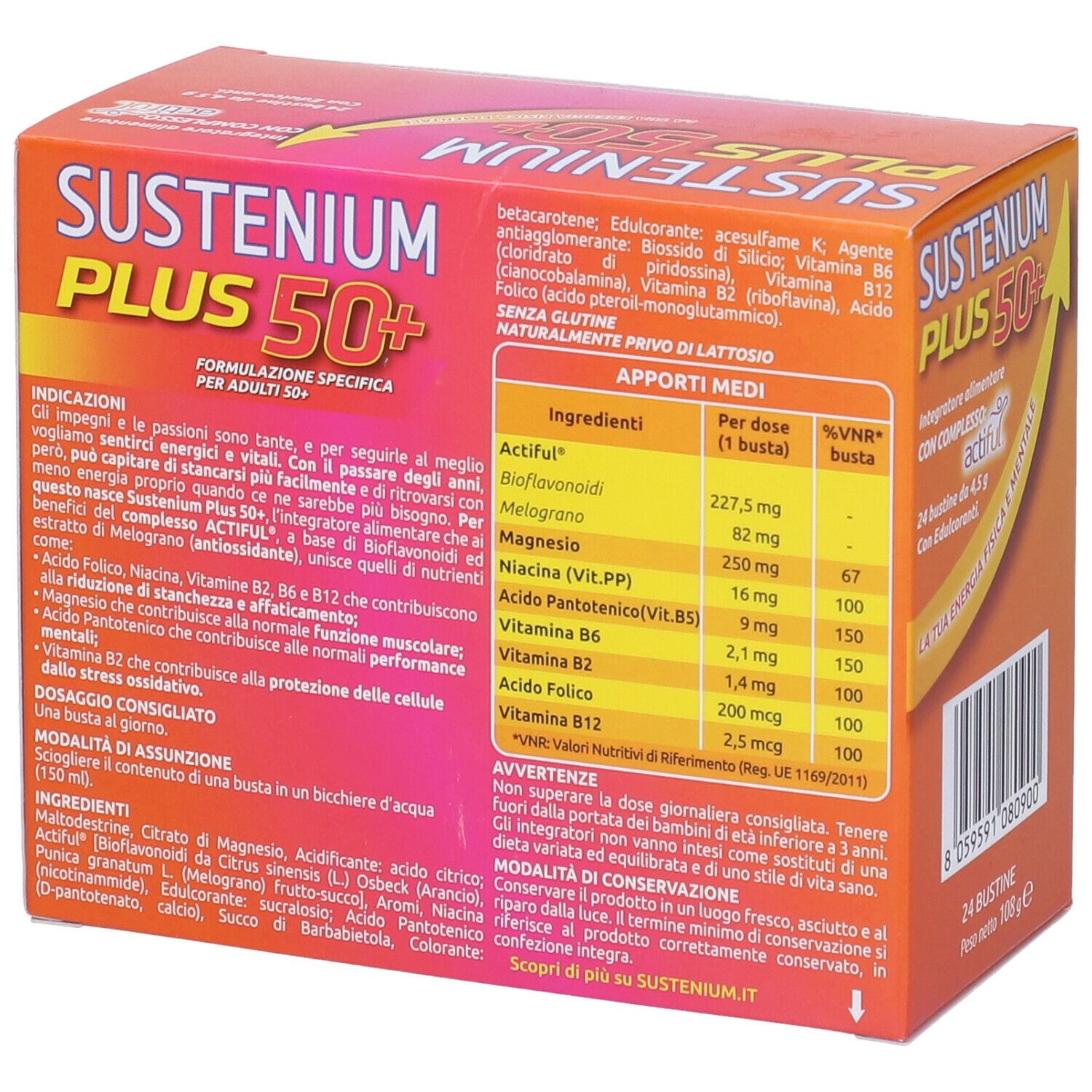 Boîte Sustenium Plus 50+. Dos avec ingrédients et instructions d'utilisation.