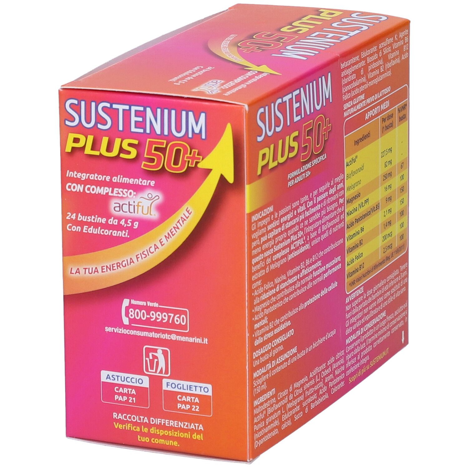 Boîte Sustenium Plus 50+. Dos avec coordonnées et consignes de recyclage.