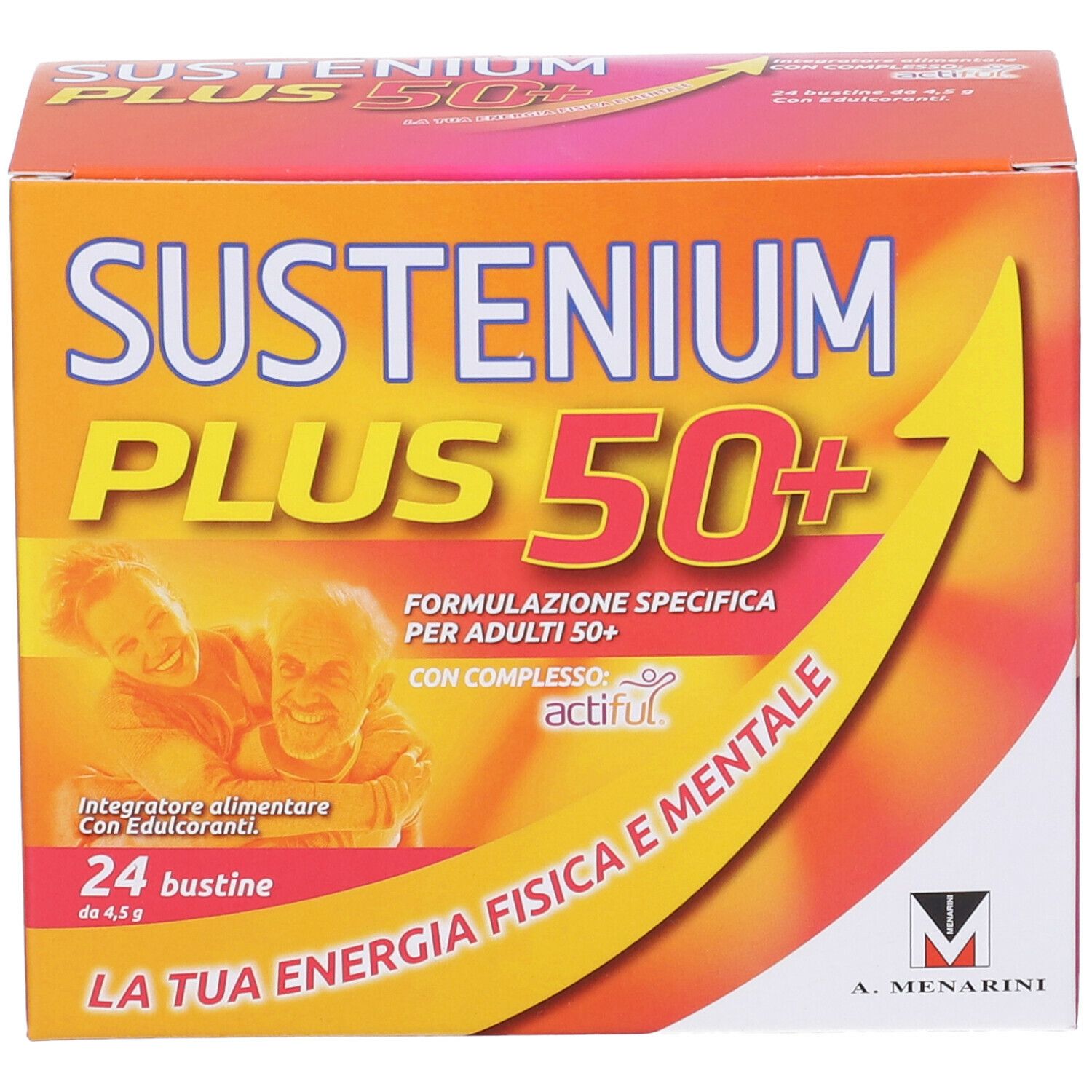 Boîte de Sustenium Plus 50+. 24 sachets. Inscription : Formule pour adultes 50+.