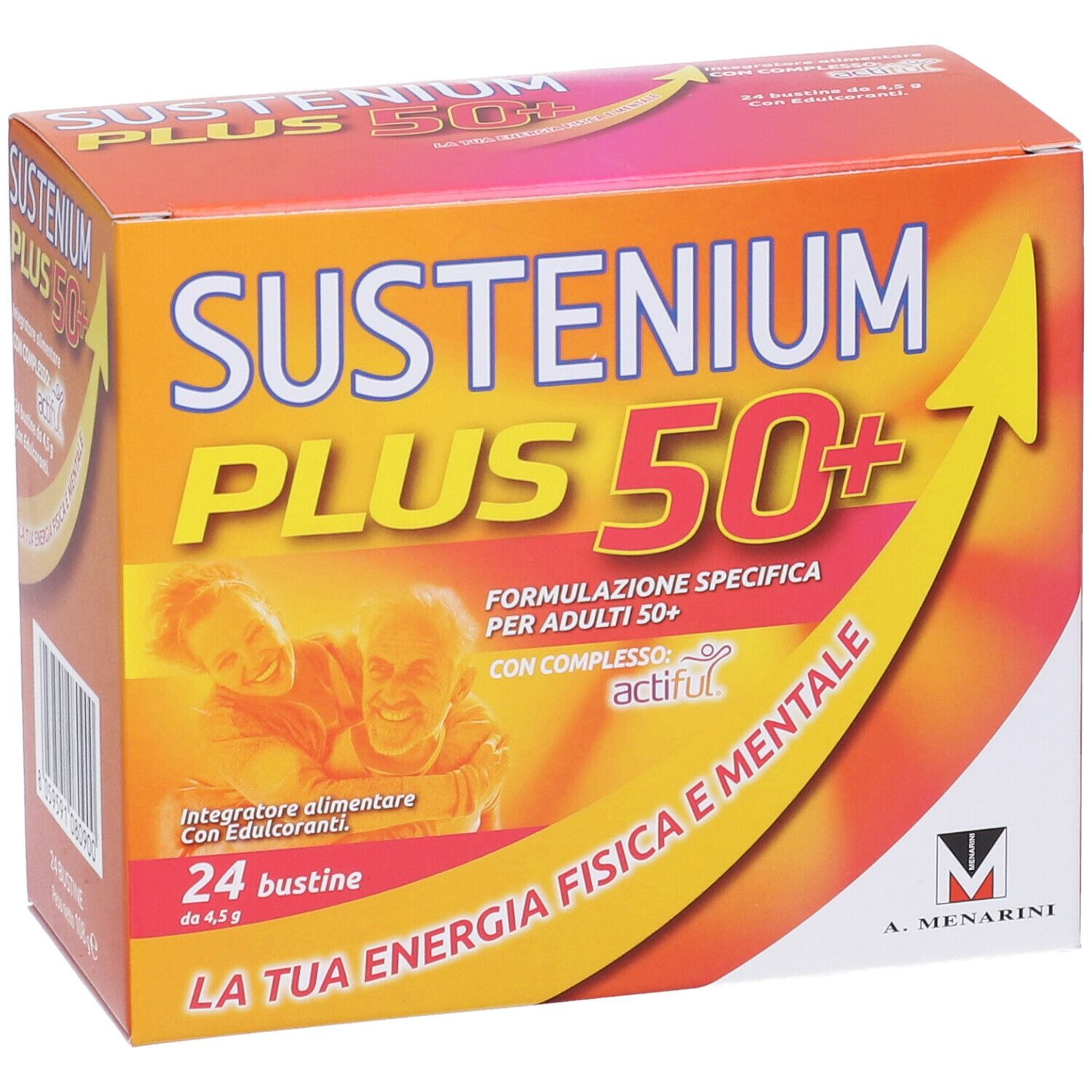Boîte de Sustenium Plus 50+. 24 sachets. Inscription : Formule pour adultes 50+.