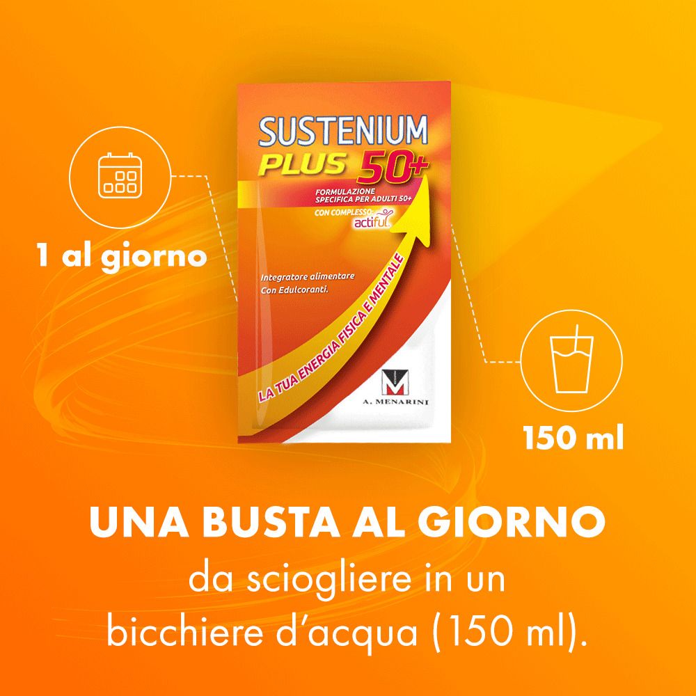 Paquet de Sustenium Plus 50+. Dissoudre 1 sachet par jour dans 150 ml d'eau. Avec Actiful.
