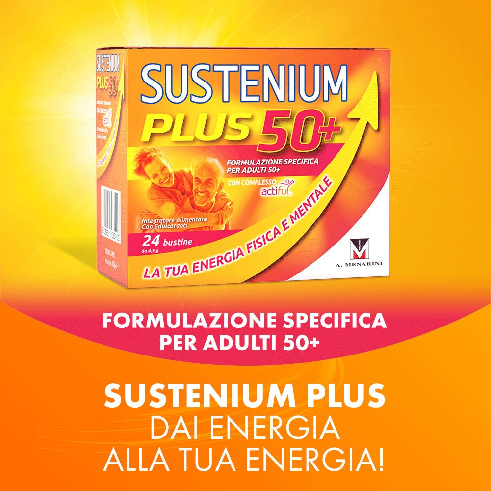 Boîte de Sustenium Plus 50+. 24 sachets. Inscription : Formule pour adultes 50+.