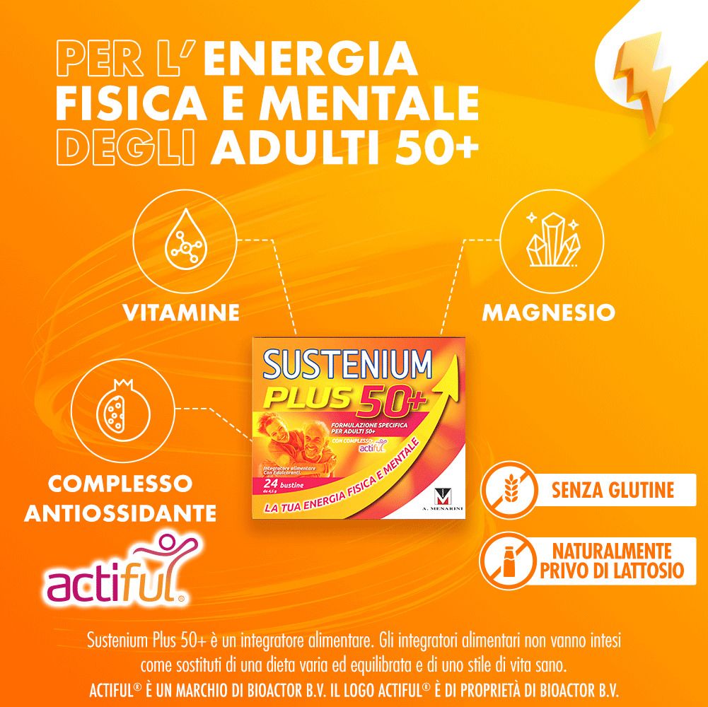 Boîte Sustenium Plus 50+. Contient vitamines, magnésium et antioxydants. Sans gluten et lactose.