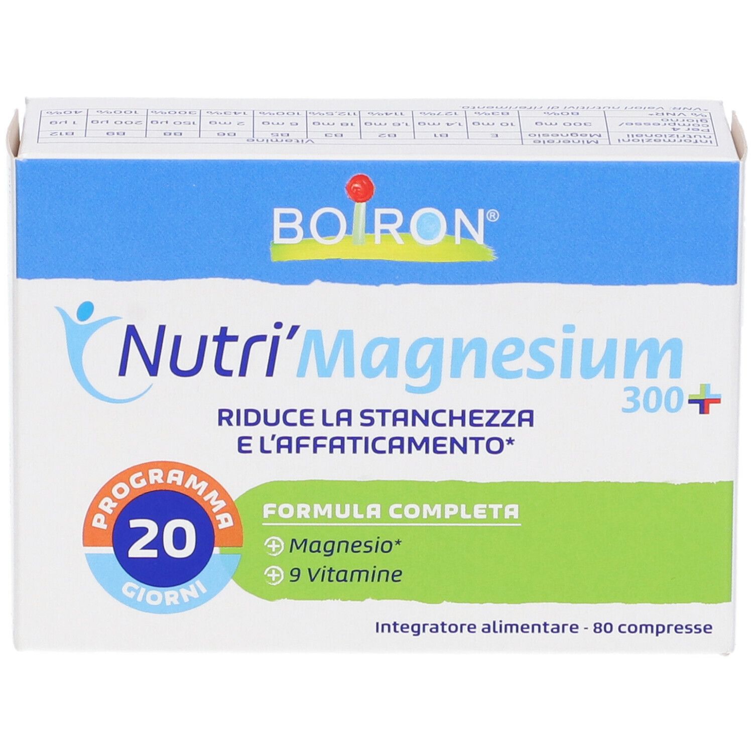 Scatola bianca con scritte blu e verdi. Scritto: Nutri'Magnesium 300+. Contiene magnesio e 9 vitamine. Programma 20 giorni.