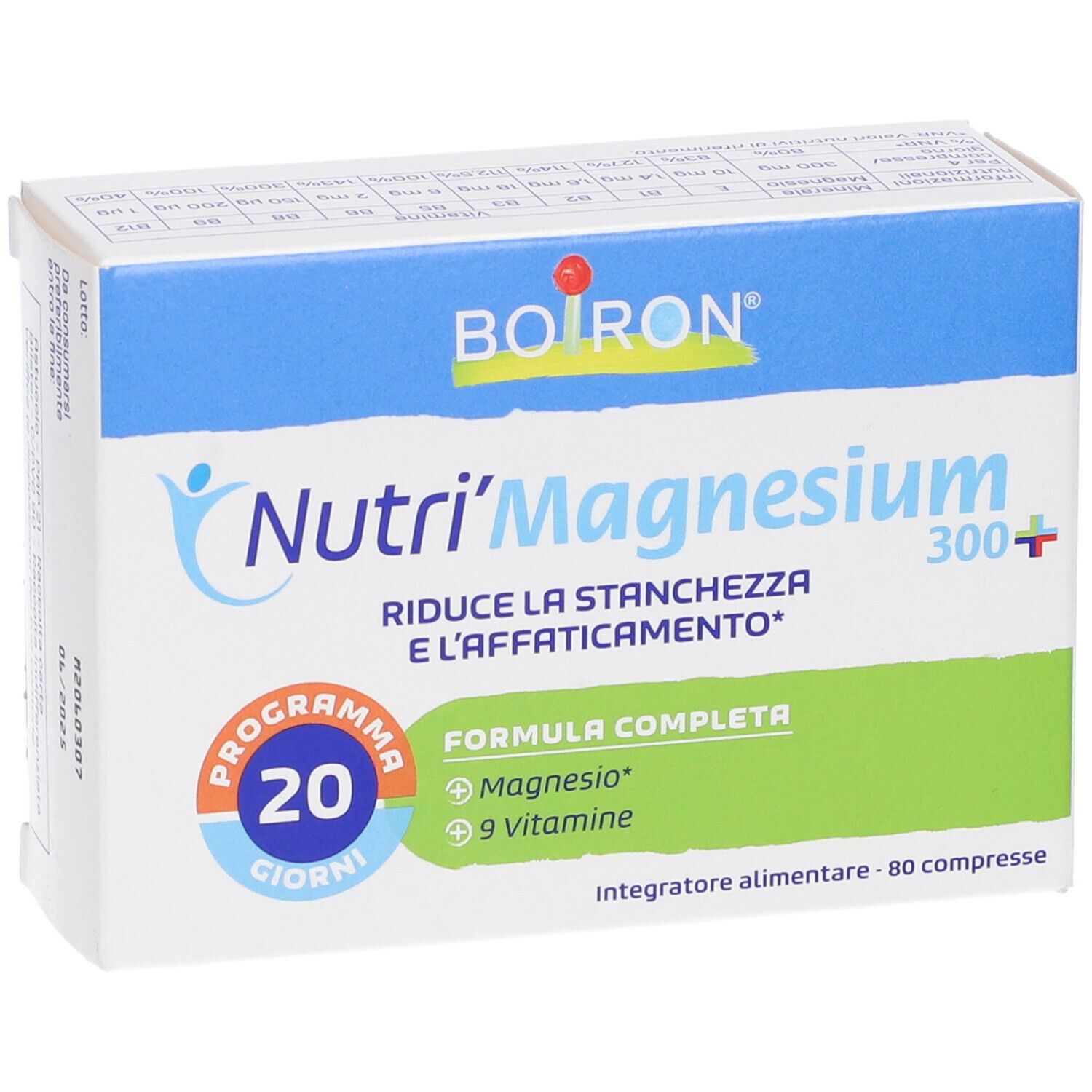 Scatola bianca con scritte blu e verdi. Scritto: Nutri'Magnesium 300+. Contiene magnesio e 9 vitamine. Programma 20 giorni.