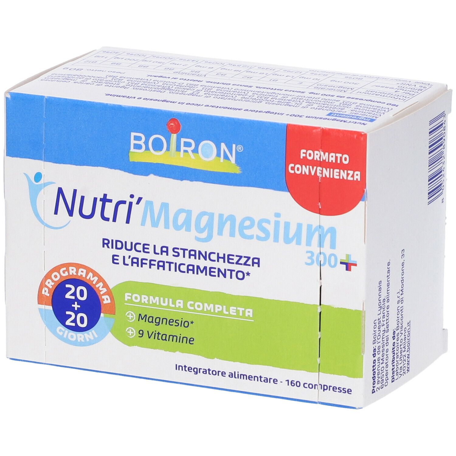 Scatola di BOIRON Nutri'Magnesium 300+. Elementi blu e verdi, testo in italiano. Contiene 160 compresse.