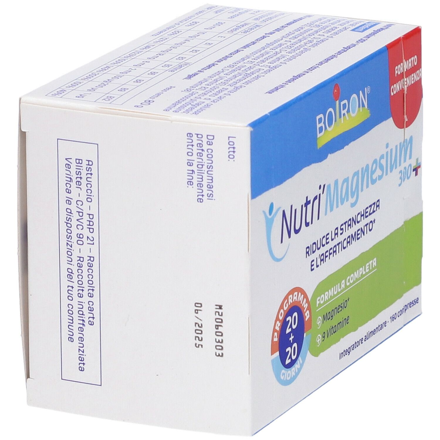 Scatola BOIRON Nutri'Magnesium 300+ in prospettiva. Testo in italiano. Contiene informazioni sull'uso e gli ingredienti.