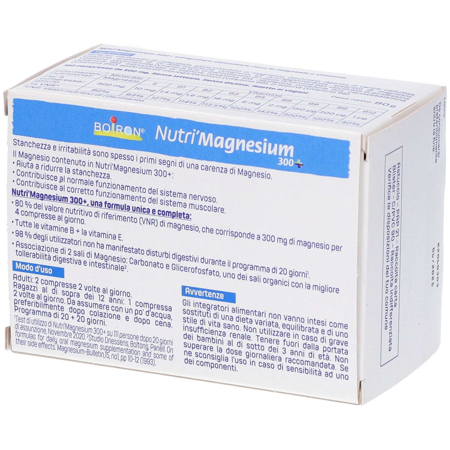 Scatola BOIRON Nutri'Magnesium 300+ con testo in italiano. Contiene informazioni sugli ingredienti e l'uso.