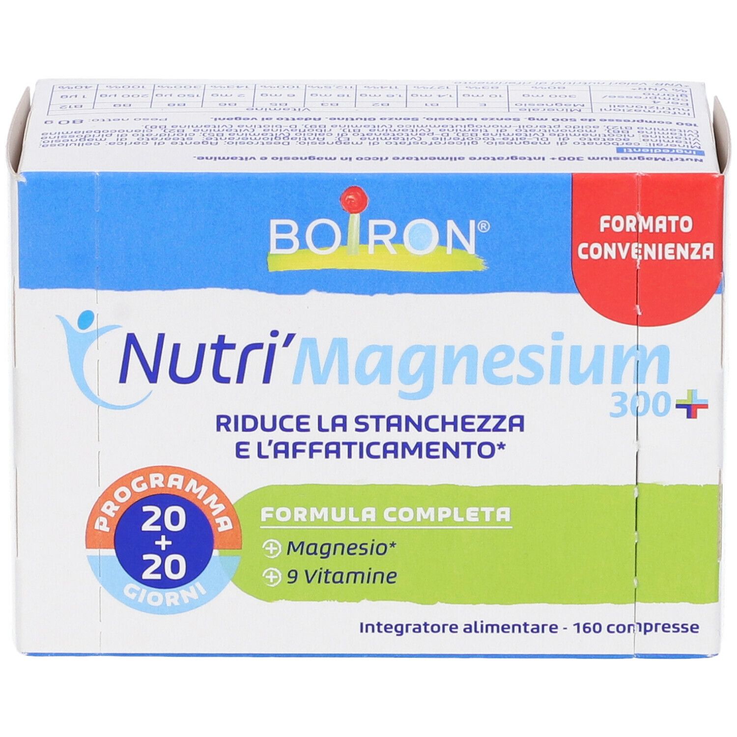 Vista frontale della scatola BOIRON Nutri'Magnesium 300+. Elementi blu e verdi, testo in italiano. 160 compresse.