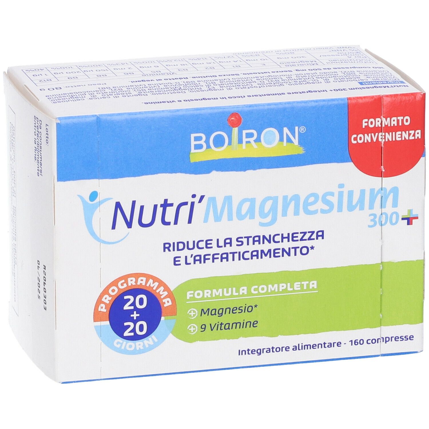 Vista frontale della scatola BOIRON Nutri'Magnesium 300+. Elementi blu e verdi, testo in italiano. 160 compresse.