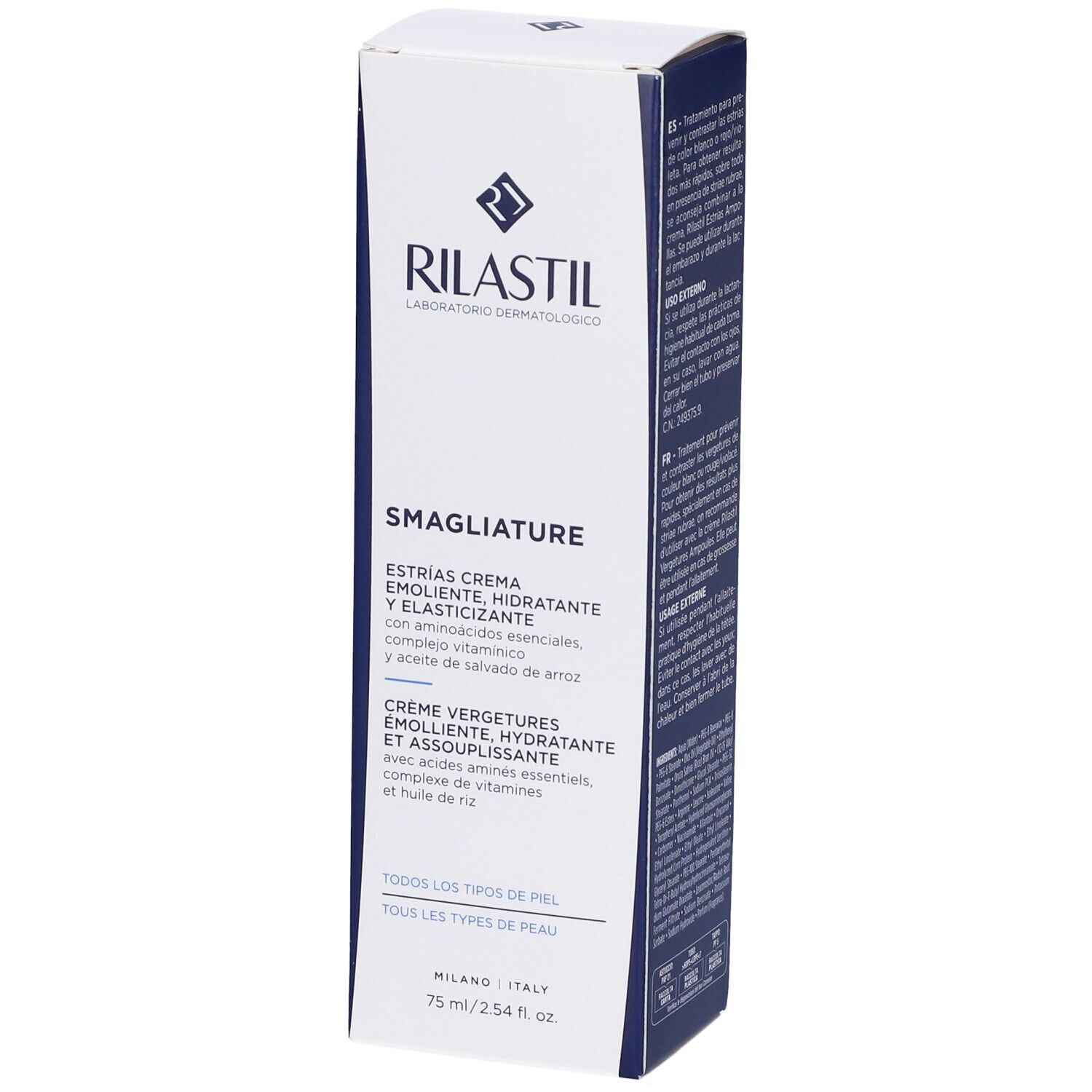 Rilastil®-Verpackung. Creme gegen Schwangerschaftsstreifen. Weiße Verpackung mit blauer Schrift.