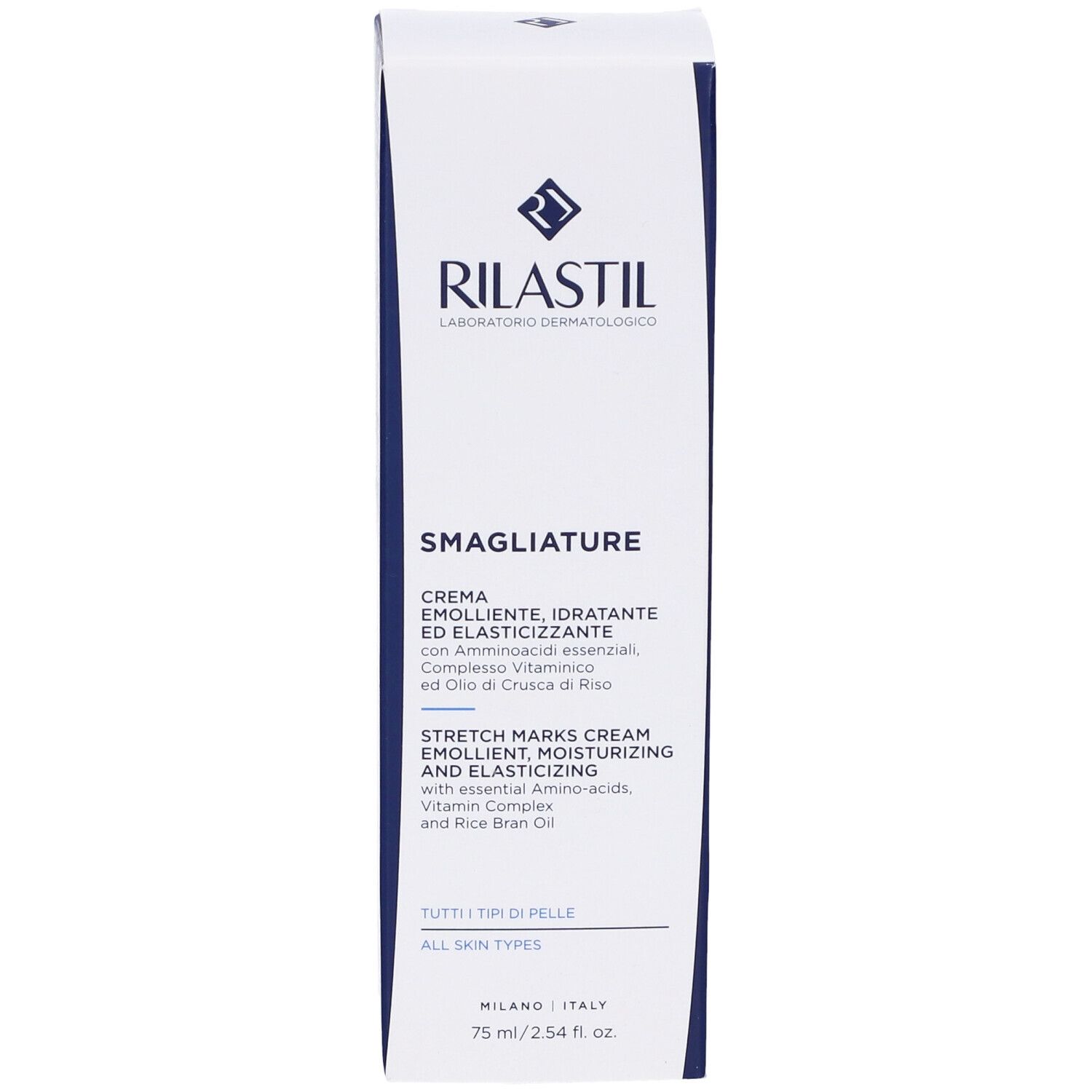 Rilastil®-Verpackung. Creme gegen Schwangerschaftsstreifen. Weiße Verpackung mit blauer Schrift.