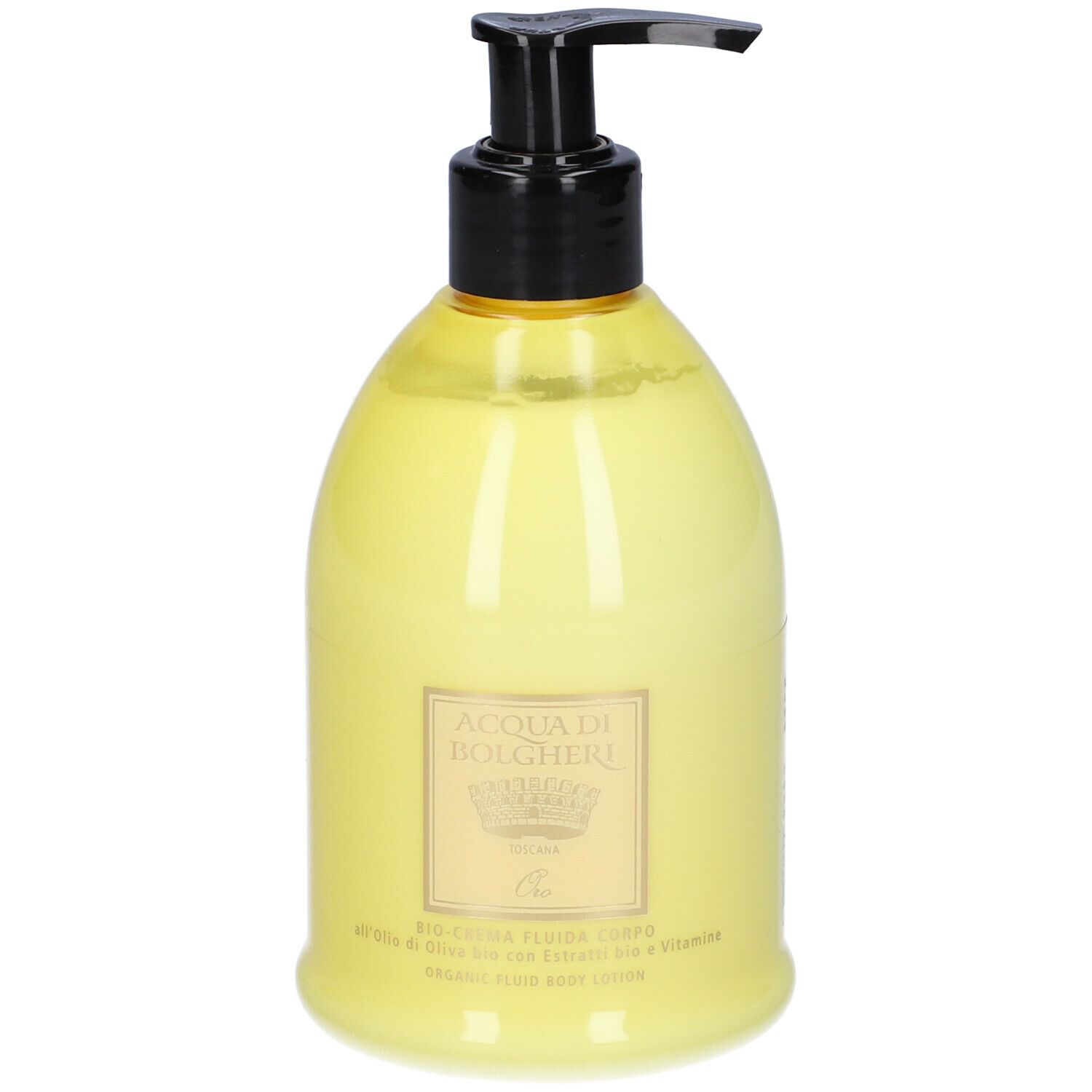 Flacone giallo con erogatore nero. Scritta: ACQUA DI BOLGHERI. Bio-crema Fluida Corpo.