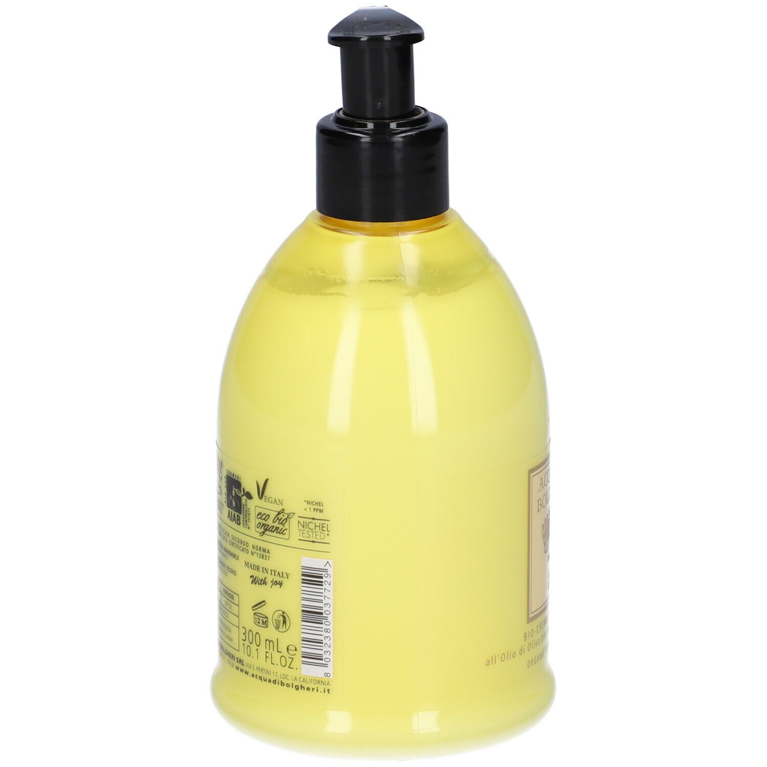 Flacone giallo con erogatore nero. Scritte ed etichette informative. Sigillo Vegan.